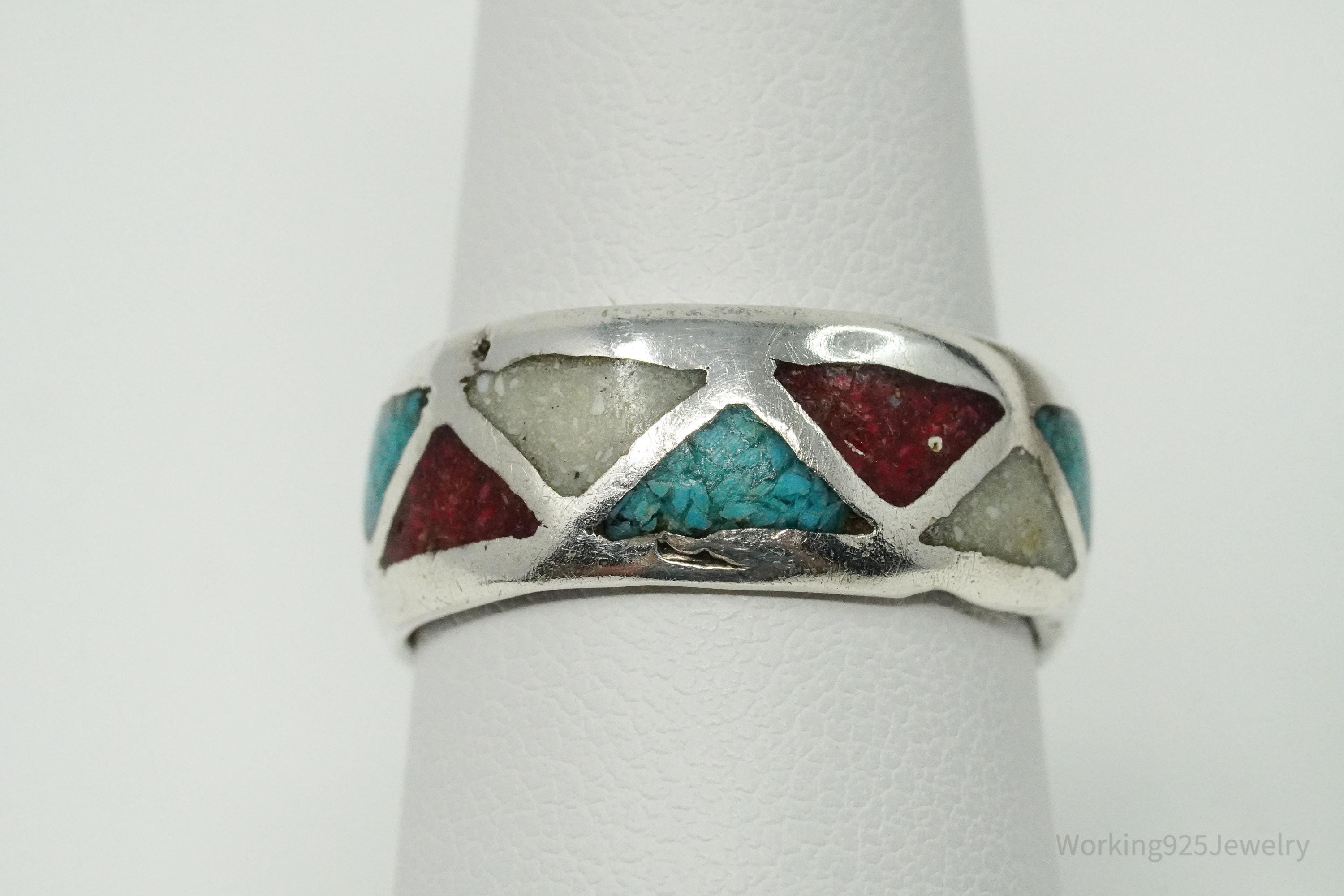 Vintage Native American Stone Inlay Unsigned Silver Ring - Size 7.25