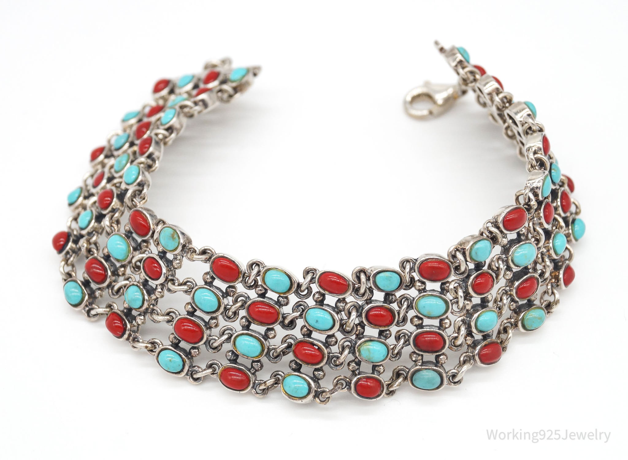 Vintage Turquoise Coral Sterling Silver Bracelet