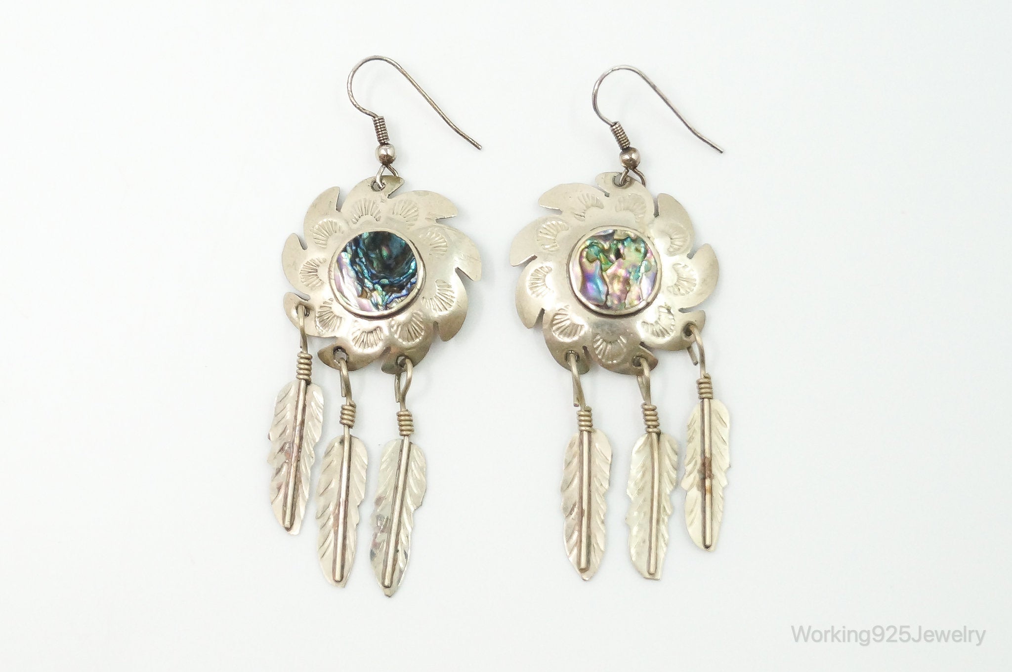 Vintage Mexico Abalone Shell Dreamcatcher Alpaca Silver Earrings