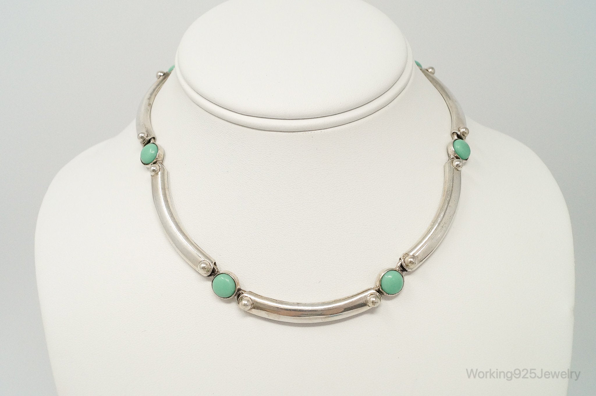 Vintage Mexico Turquoise Modernist Sterling Silver Necklace