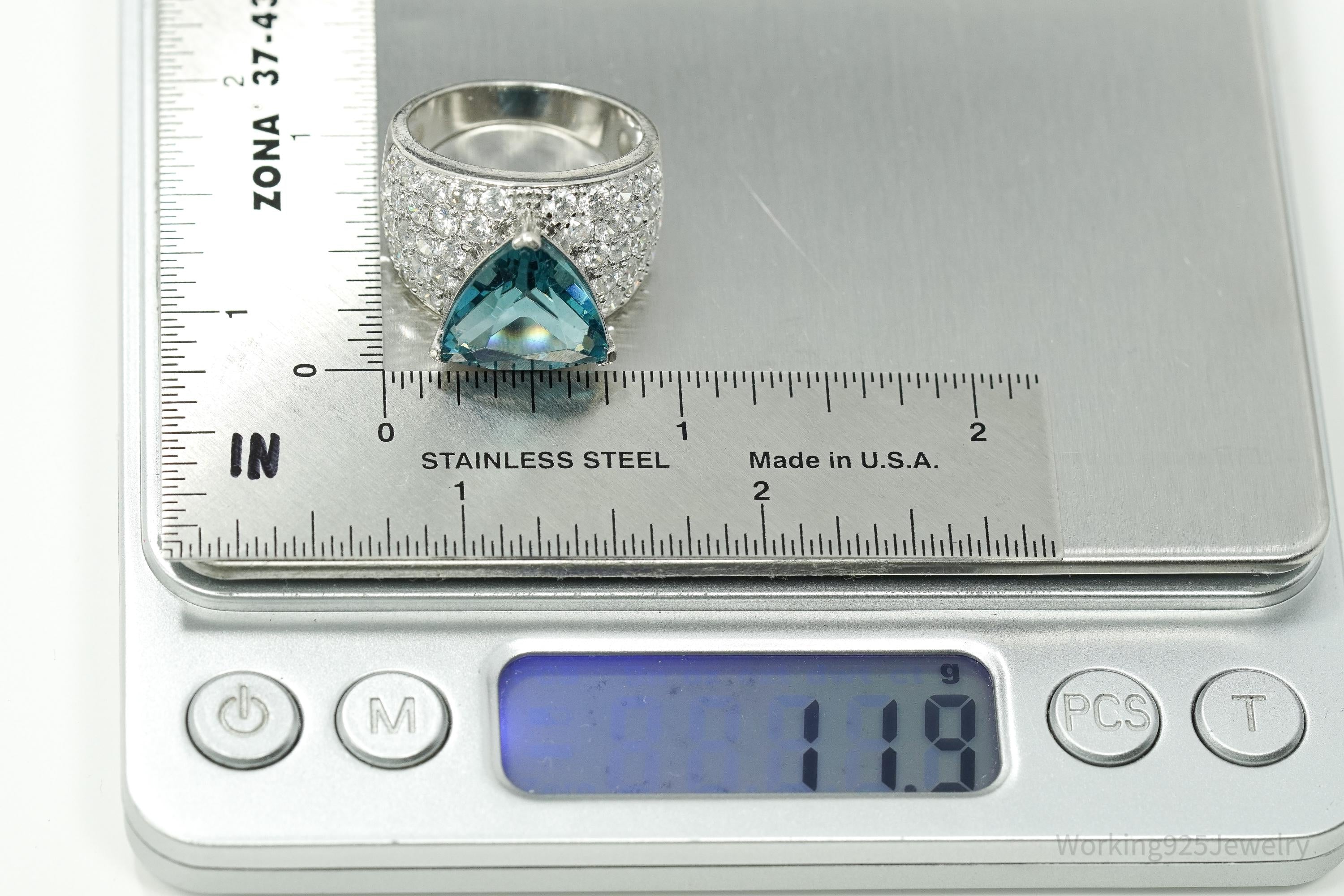 Vintage Ross Simons Large Teal Stone & Cubic Zirconia Sterling Silver Ring - Size 10