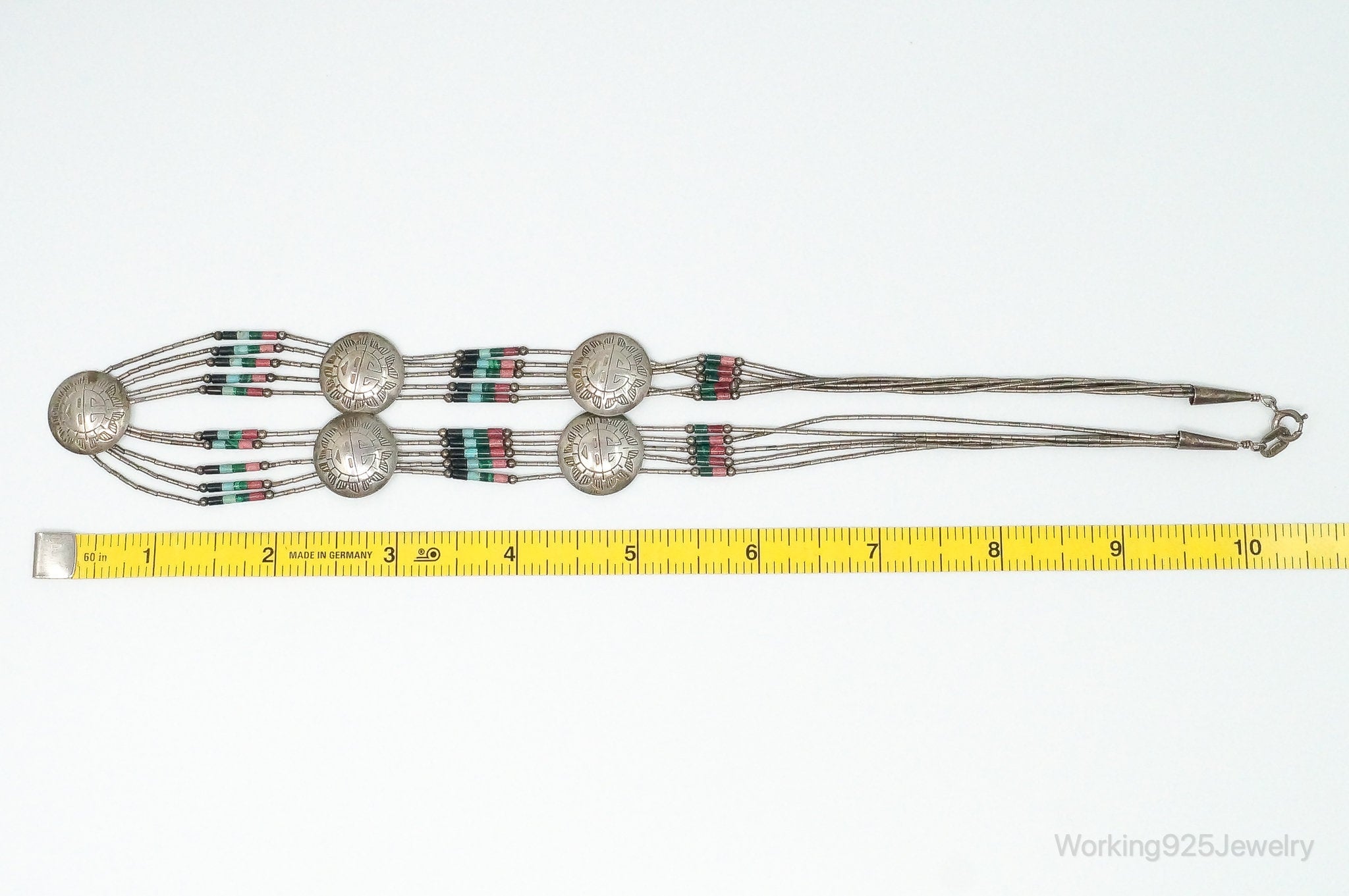 Vintage Native American Multi Gem Bead Kachina Sterling Silver Necklace