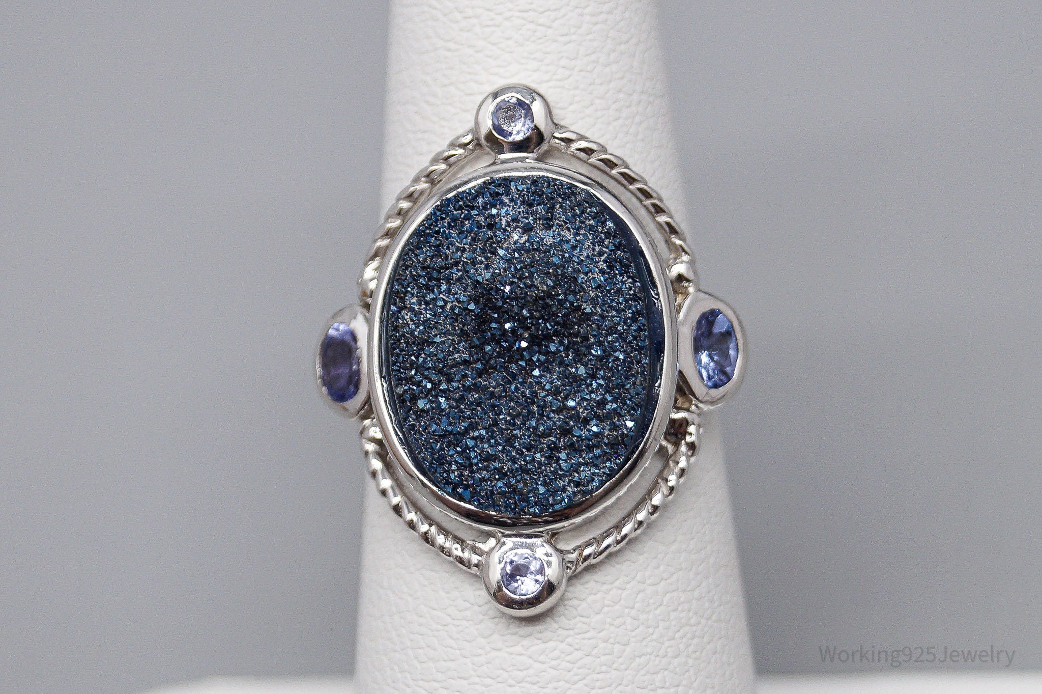 Vintage Blue Druzy Quartz & Tanzanite Sterling Silver Ring - Size 6