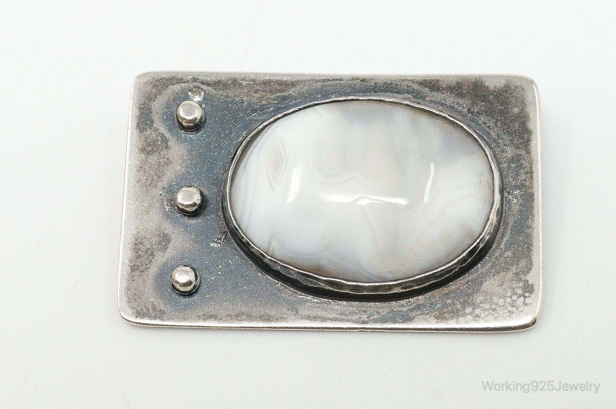 Vintage Modernist Large White Agate Sterling Silver Pin Brooch