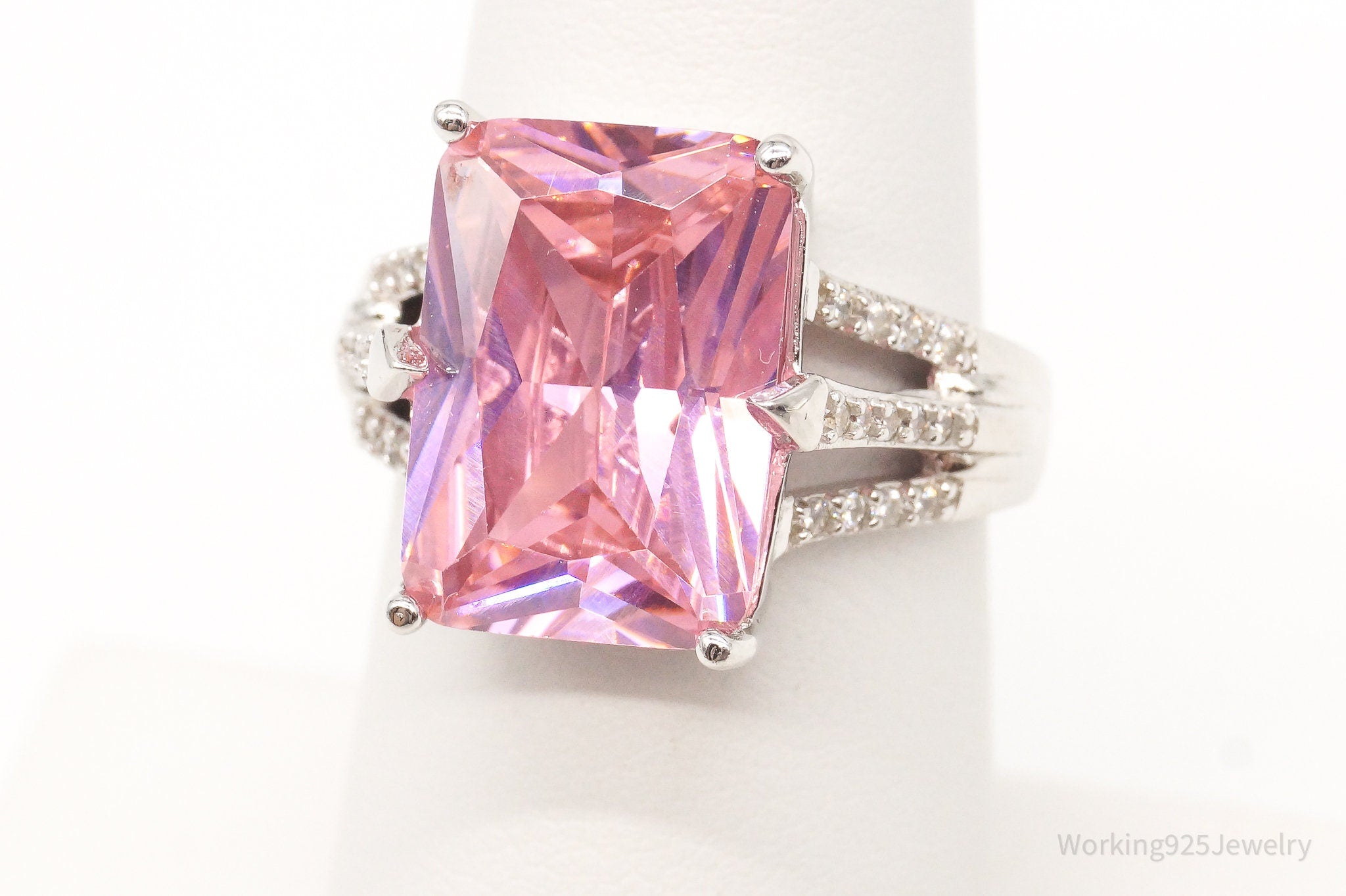 Vintage Large Pink & White Cubic Zirconia Sterling Silver Ring - Size 6