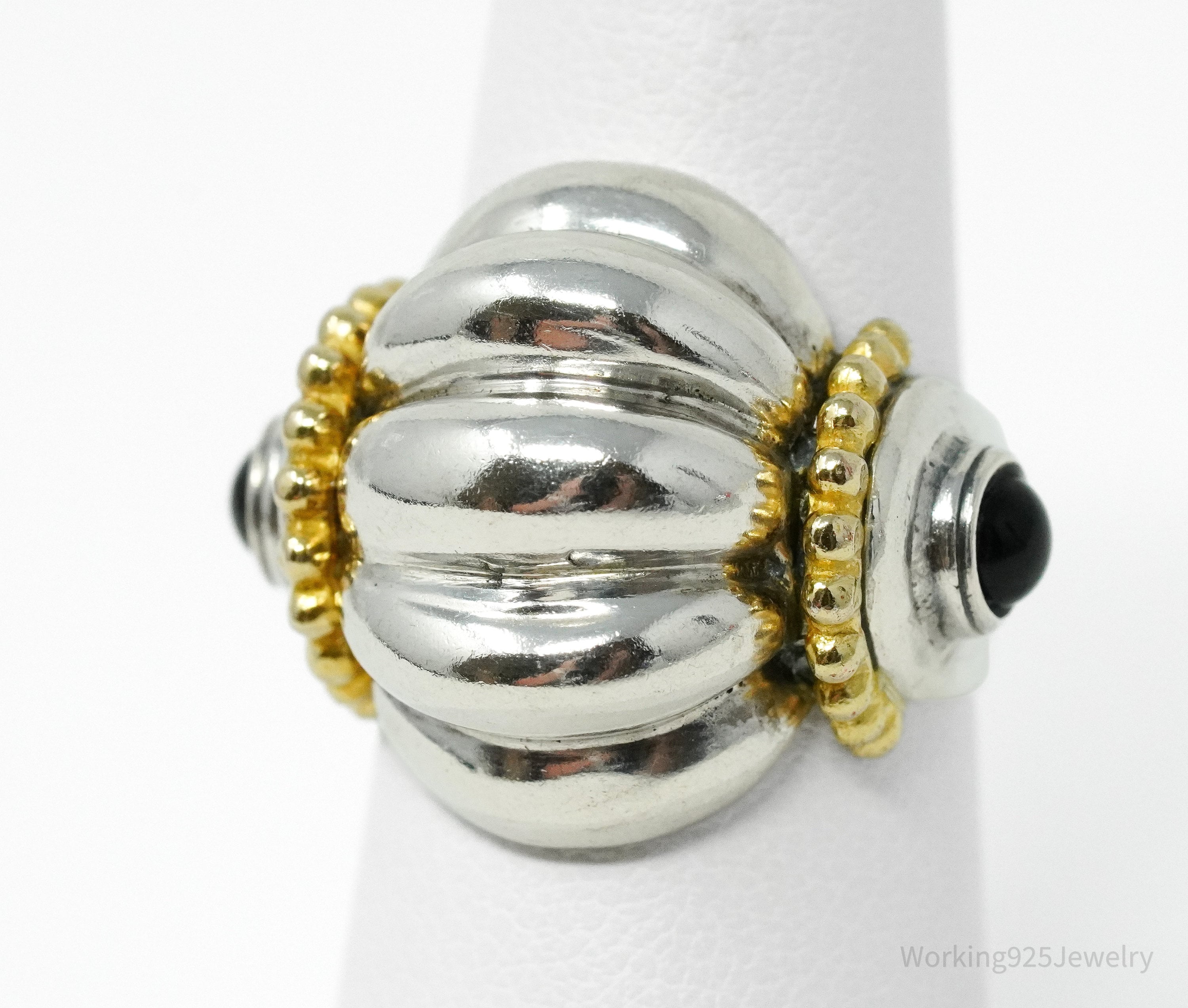 Vintage Italian Black Onyx Gold Vermeil Sterling Silver Ring - Size 6.5
