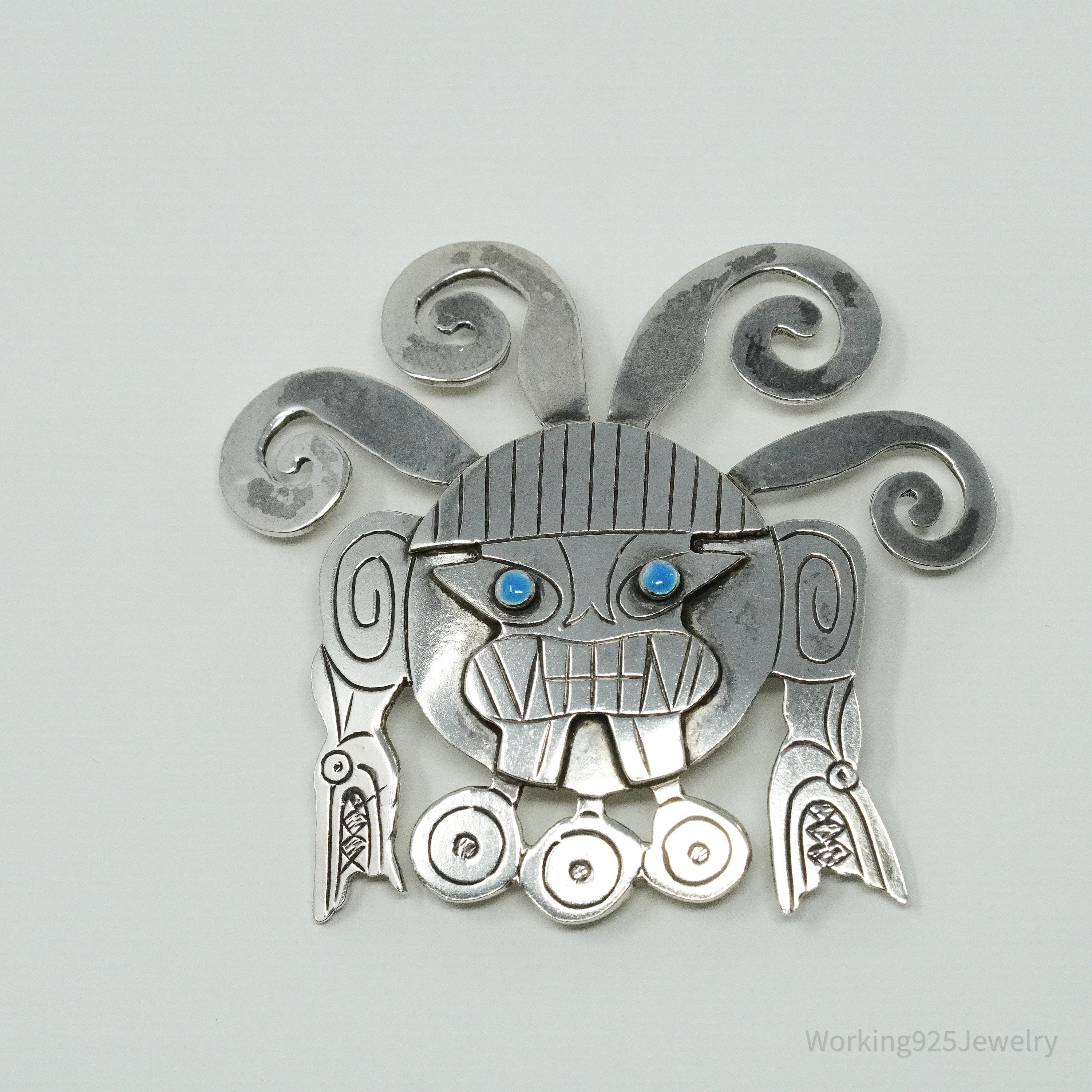Large Vintage Aztec Mayan Sterling Silver Brooch Pin