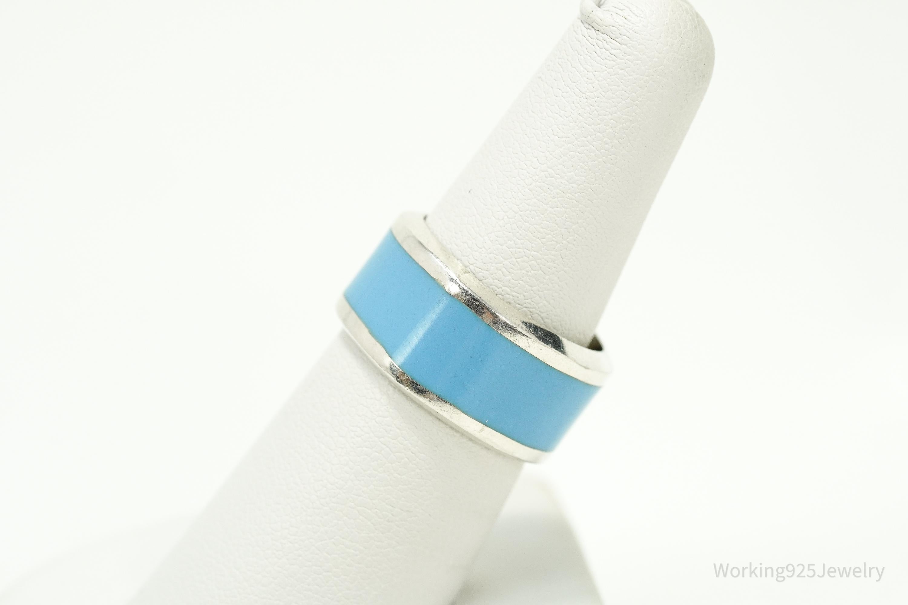 Vintage Blue Enamel Sterling Silver Wide Band Ring - Size 7.75