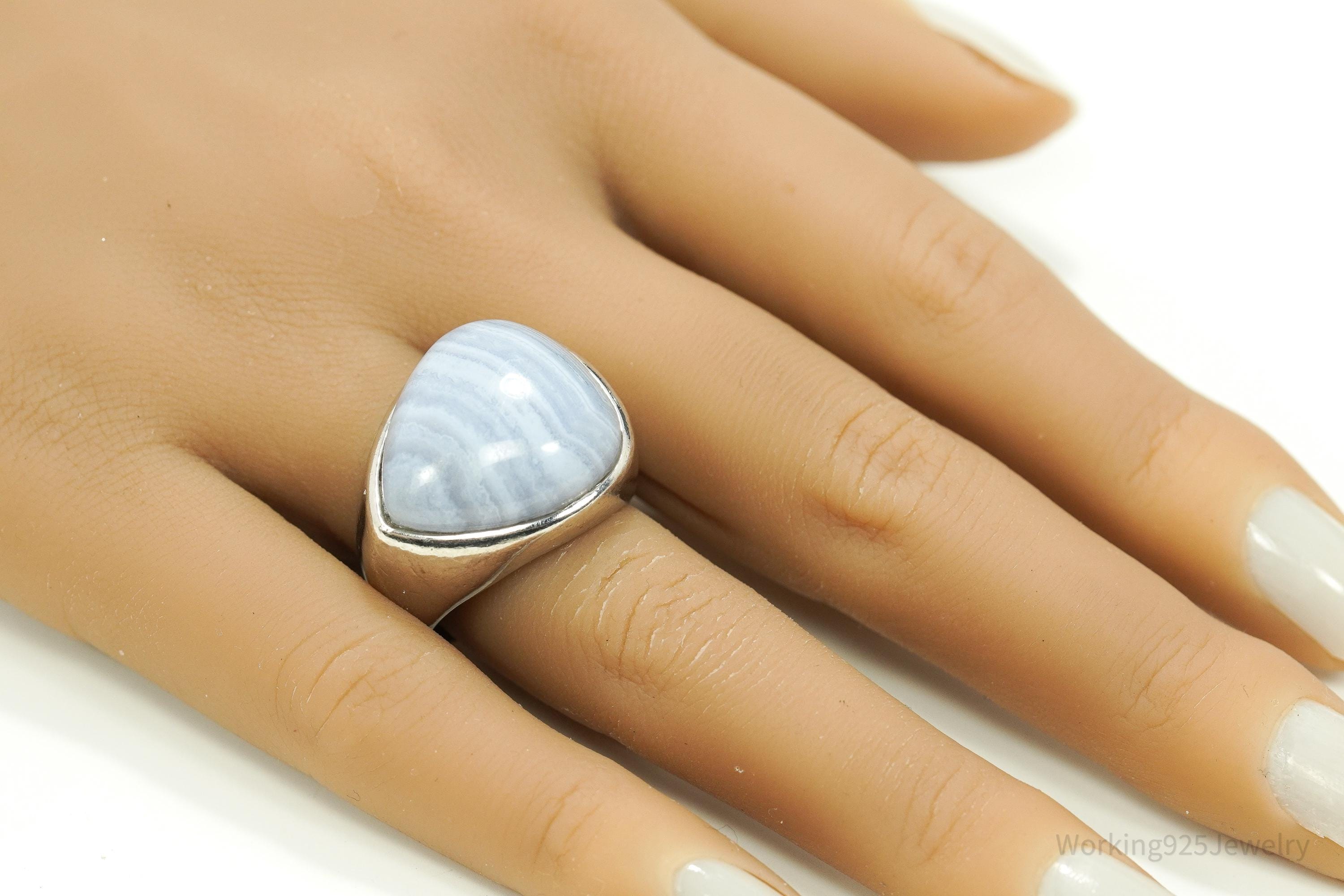Vintage Blue Lace Agate Sterling Silver Ring - Size 8.25