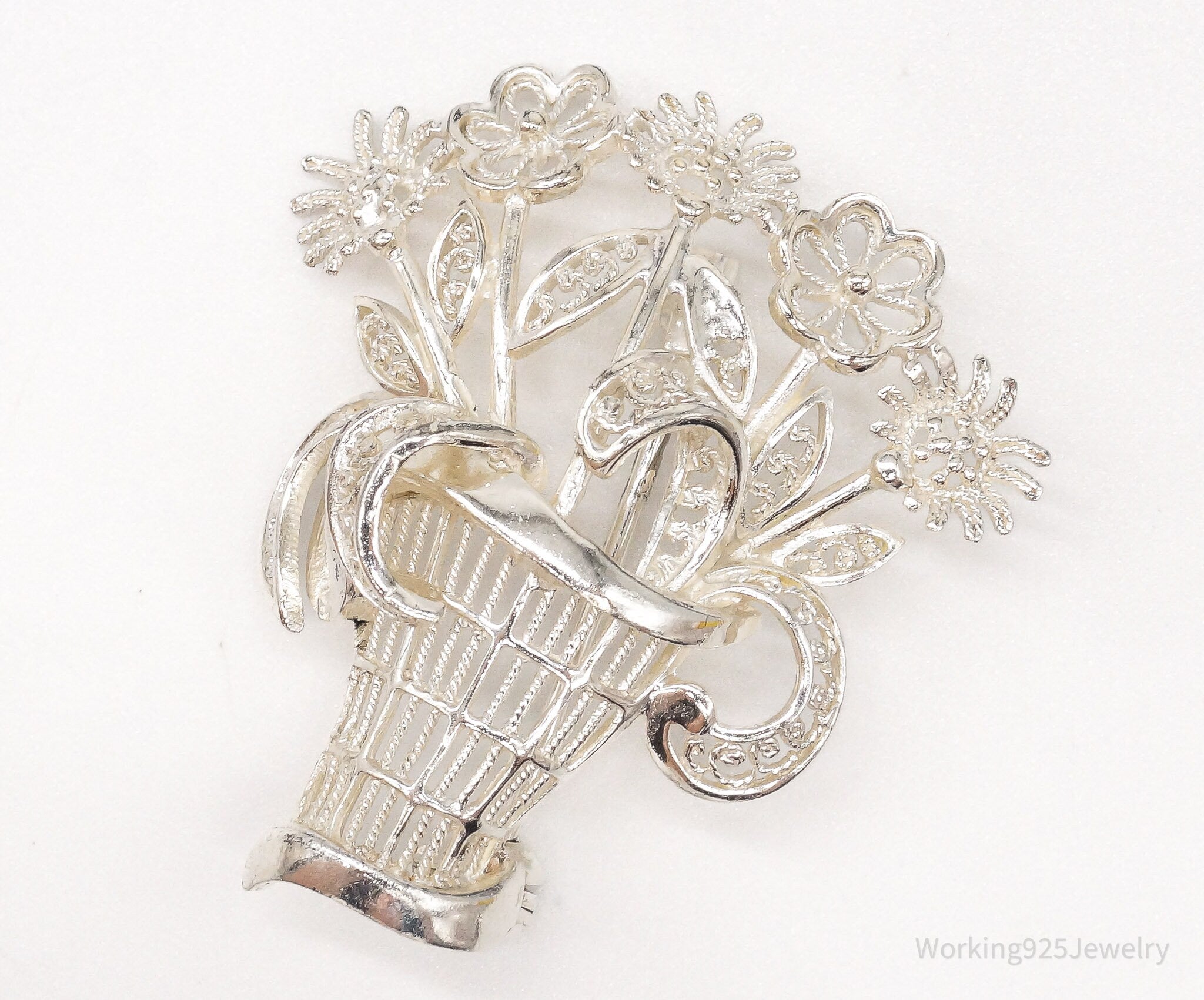 Vintage Mid Century German Sterling Silver Flower Basket Brooch Pin