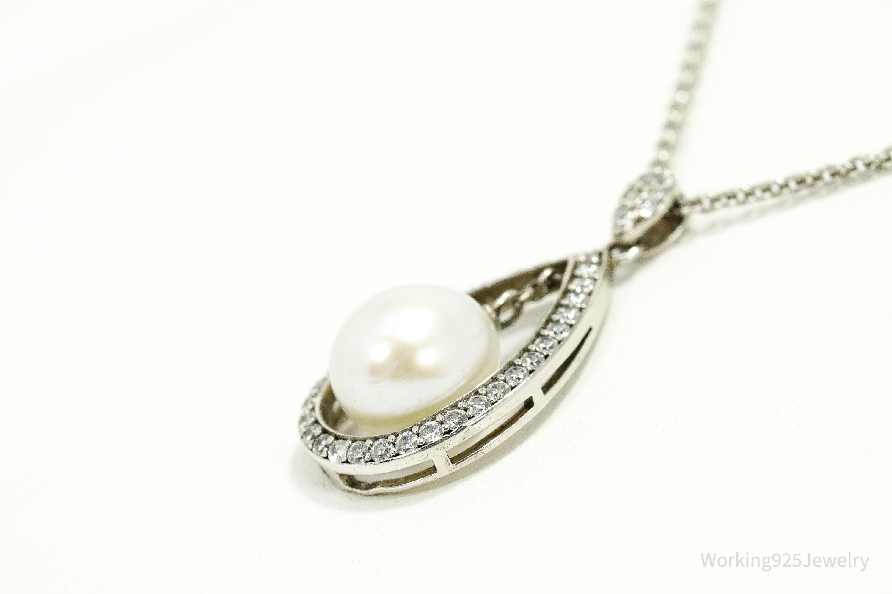 Vintage Pearl & Cubic Zirconia Sterling Silver Necklace 17"