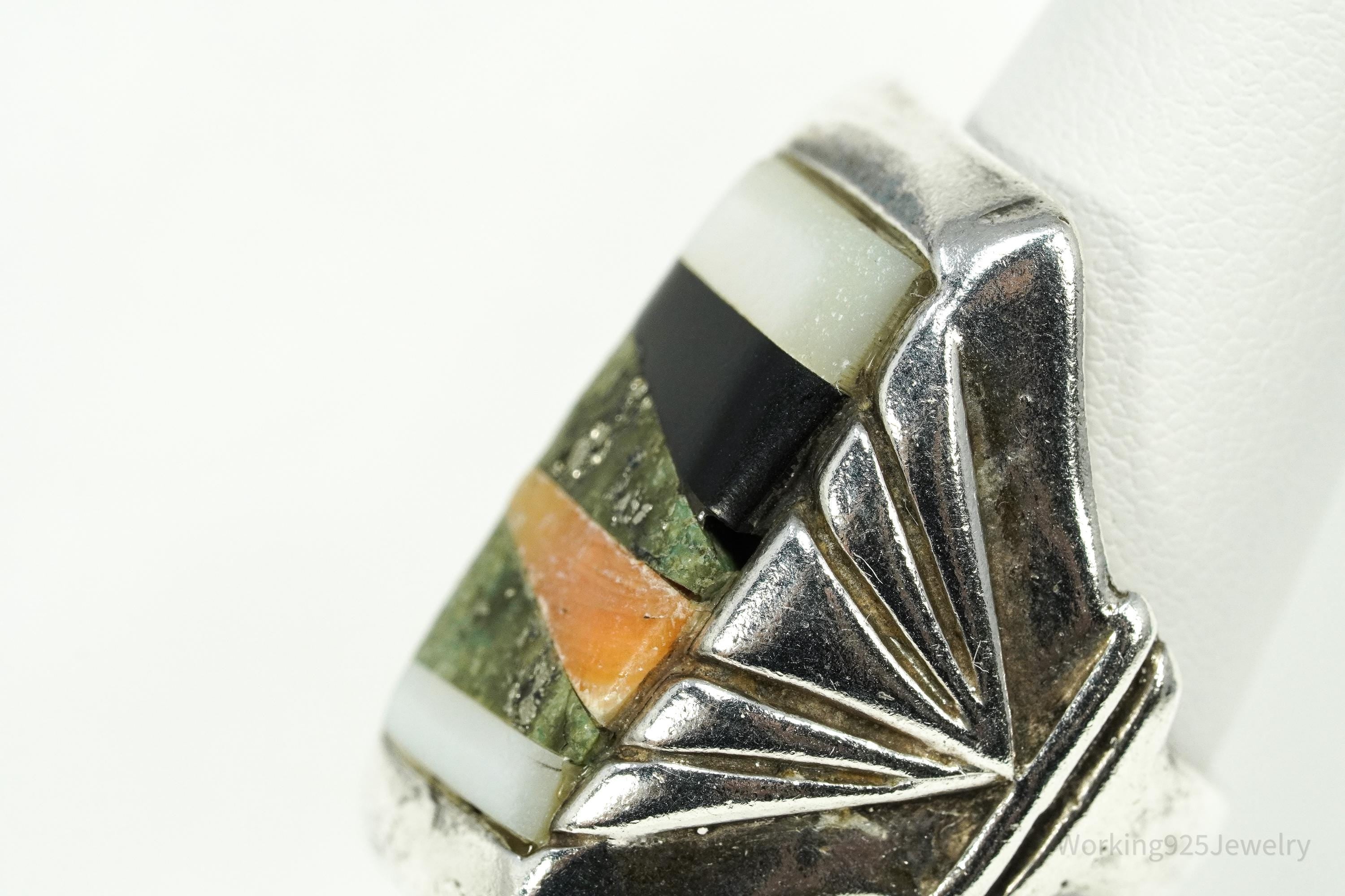 Vintage Handmade Native American Multi Gem Inlay Silver Ring - Size 8.5