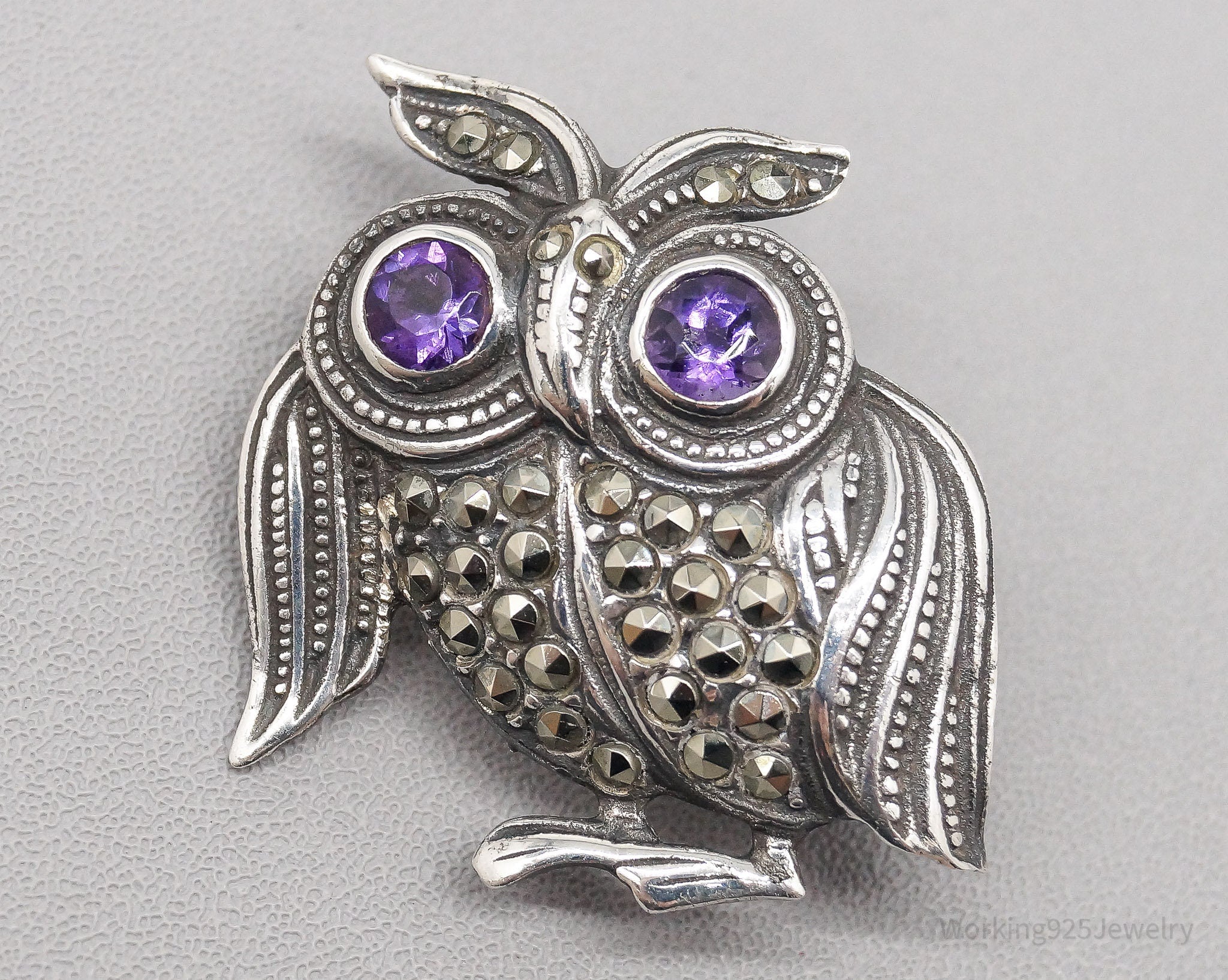 Vintage Amethyst Marcasite Owl Sterling Silver Pin Brooch