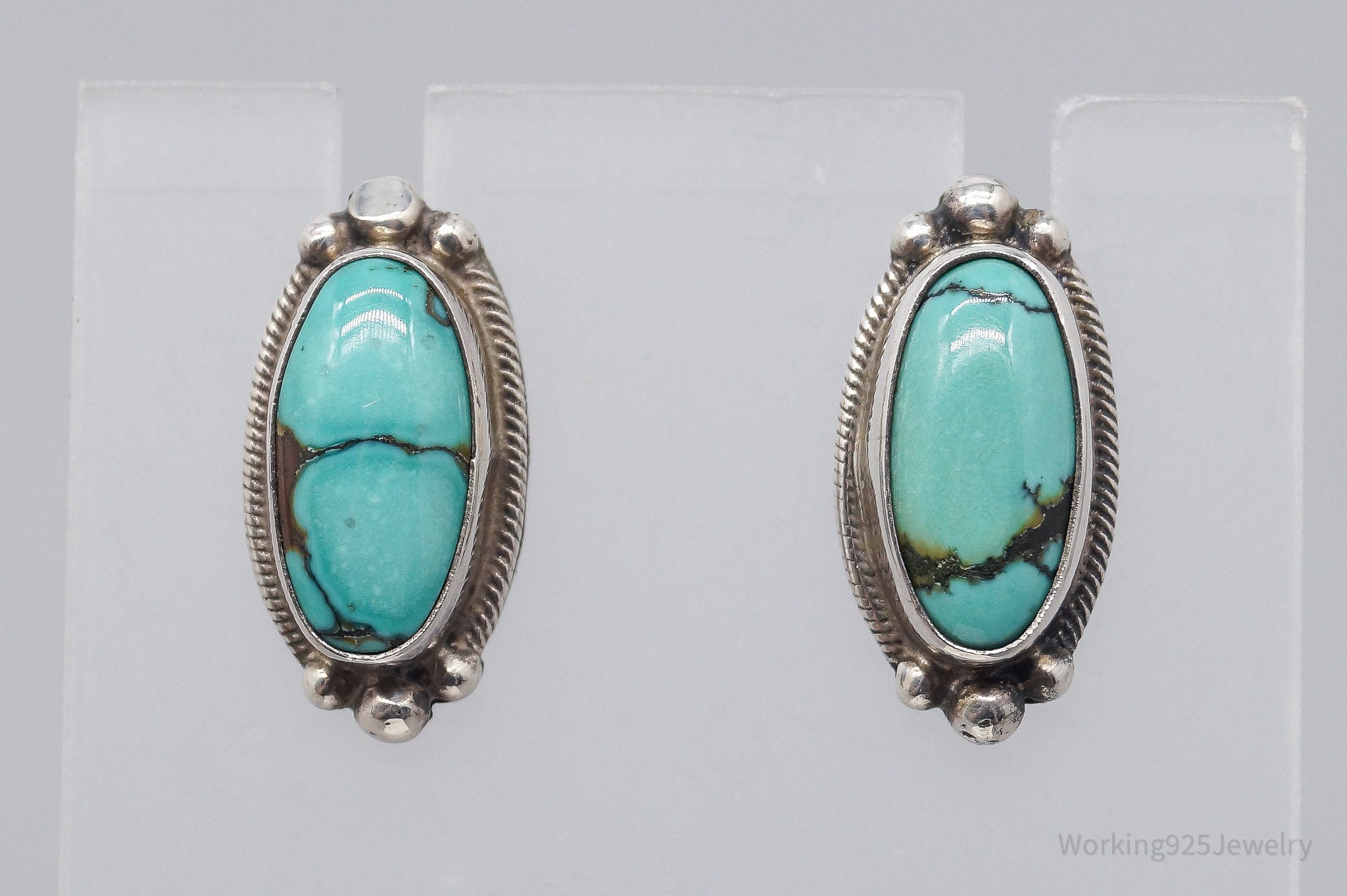 Vintage Native American JW Turquoise Sterling Silver Earrings