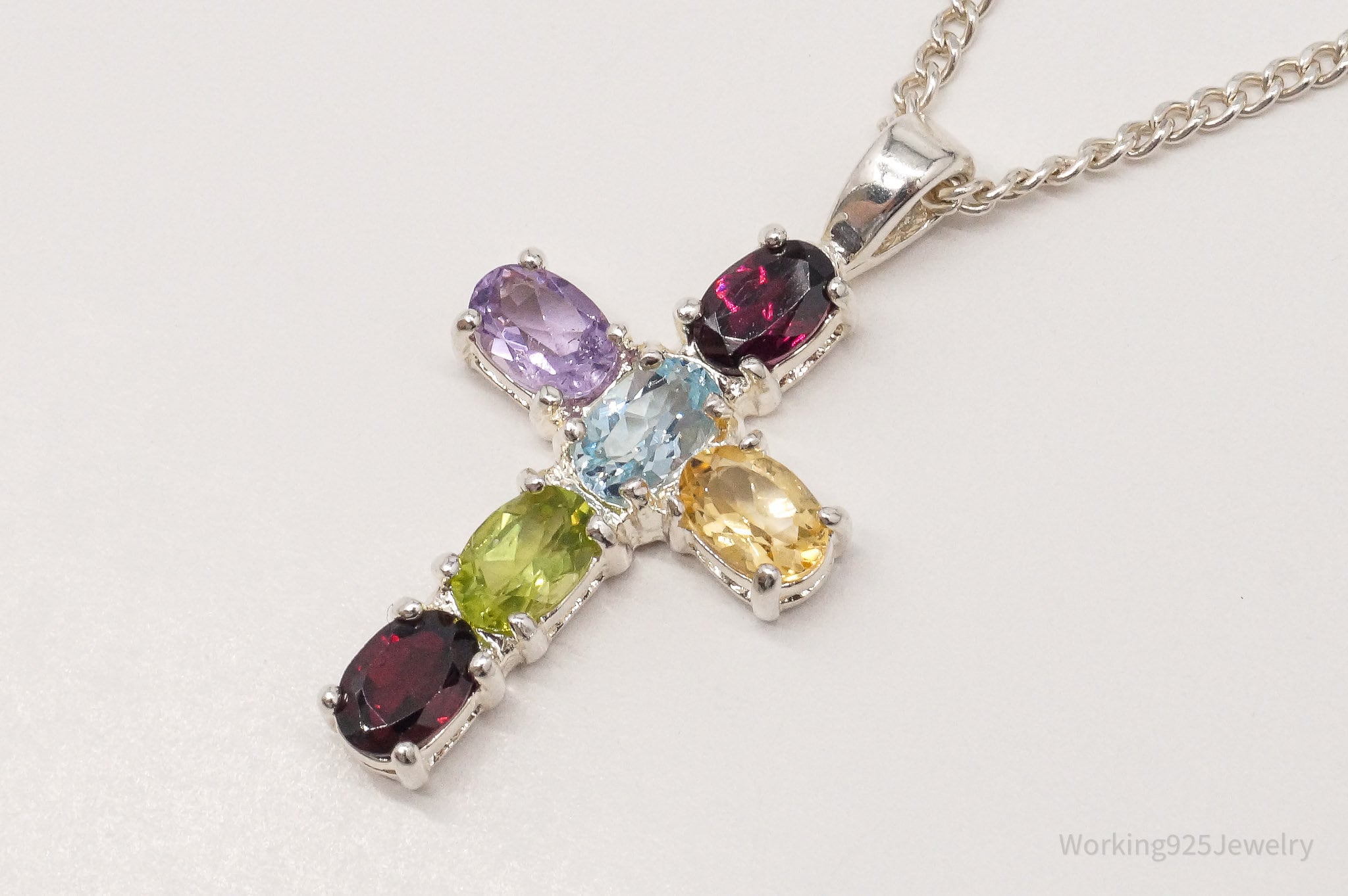 Vintage Multi Gemstone Cross Sterling Silver Necklace 16"