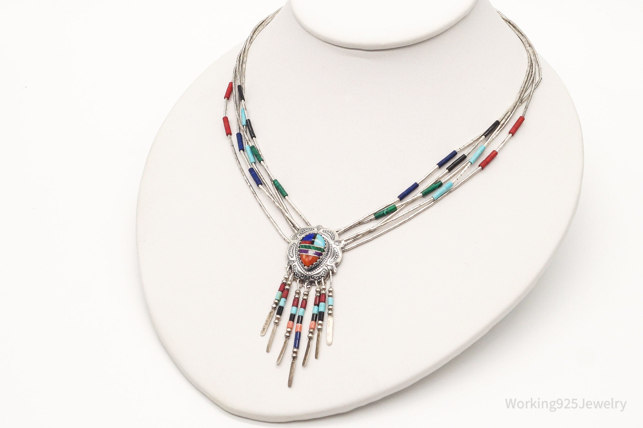 Vintage Native American QT Multi Gem Bead Sterling Silver Chain Necklace