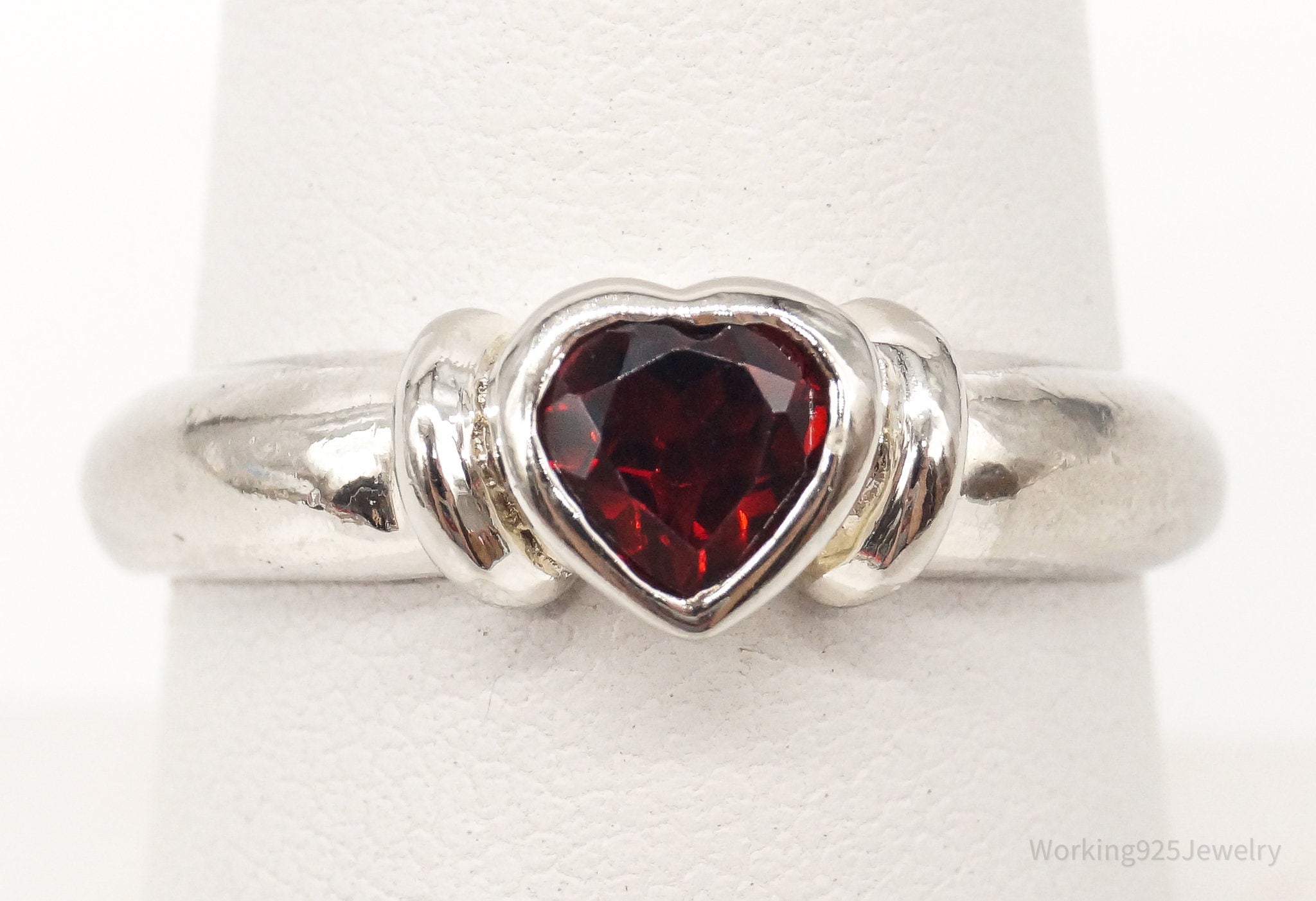 Vintage FAS Garnet Rhodium Plate Over Sterling Silver Ring - Size 7.5