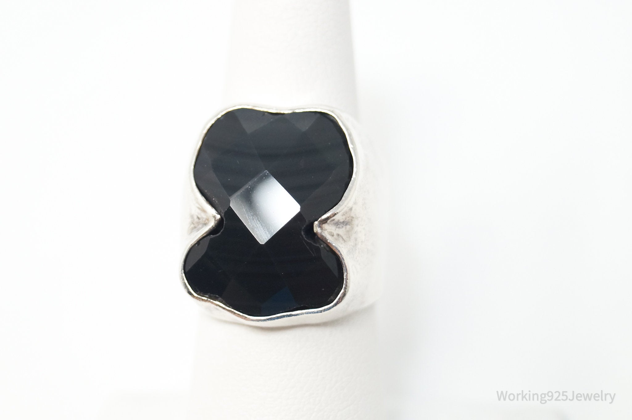 Vintage Large Black Glass 950 Silver Statement Ring - Sz 7.25