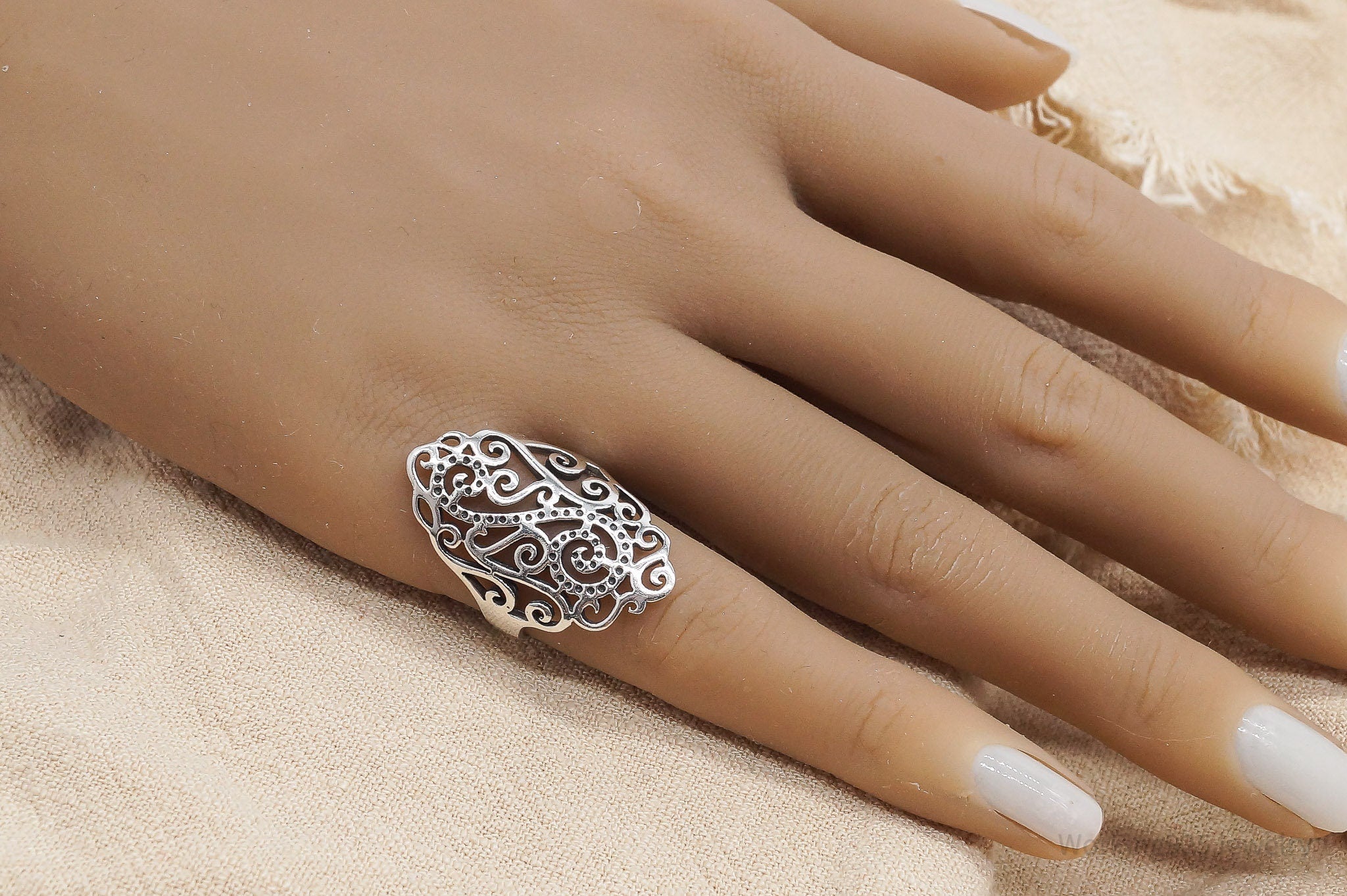 Vintage Long Scroll Swirls Filigree Sterling Silver Ring - Size 6.5