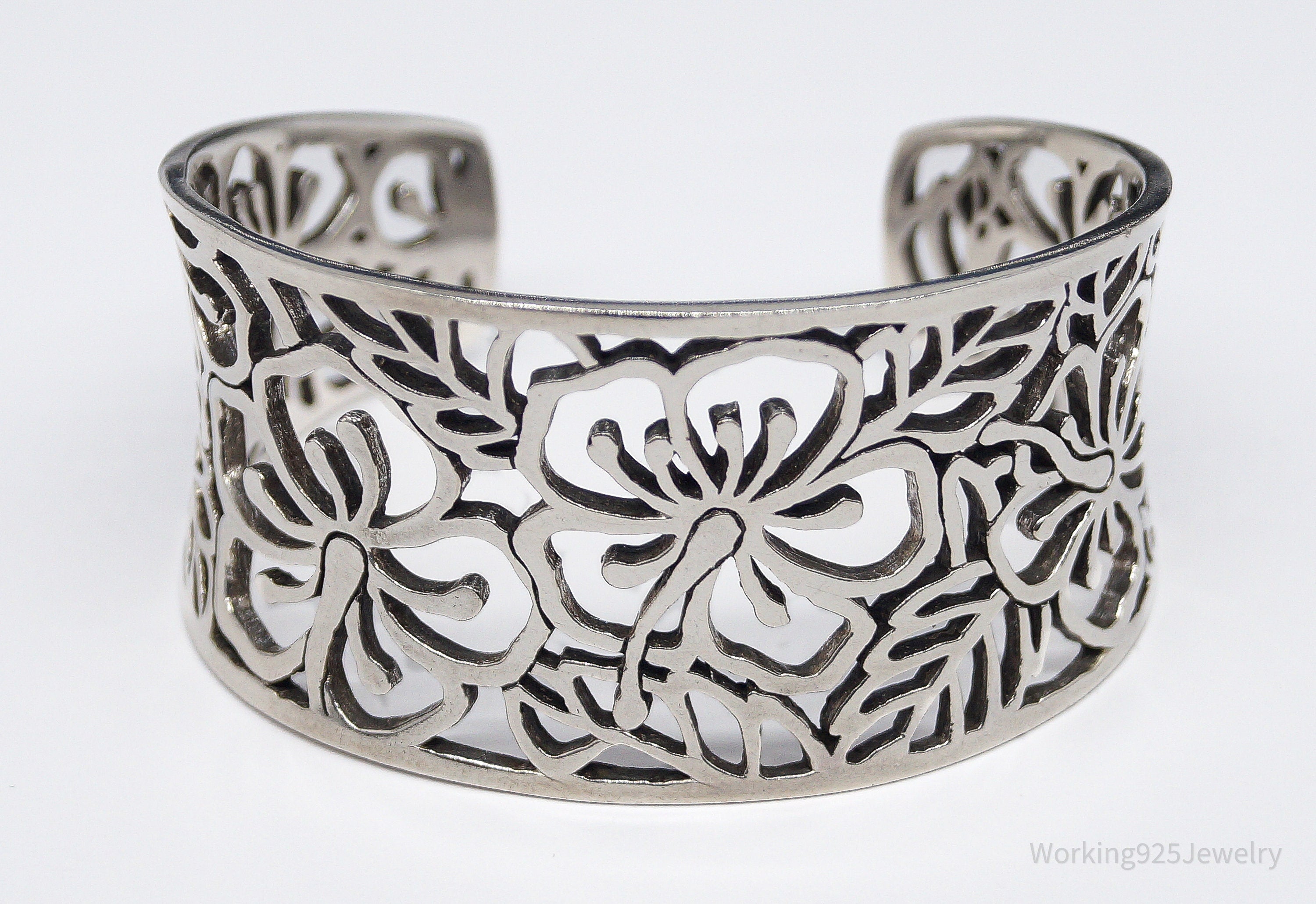 Vintage Cutout Floral Pattern Sterling Silver Cuff Bracelet 6.5"