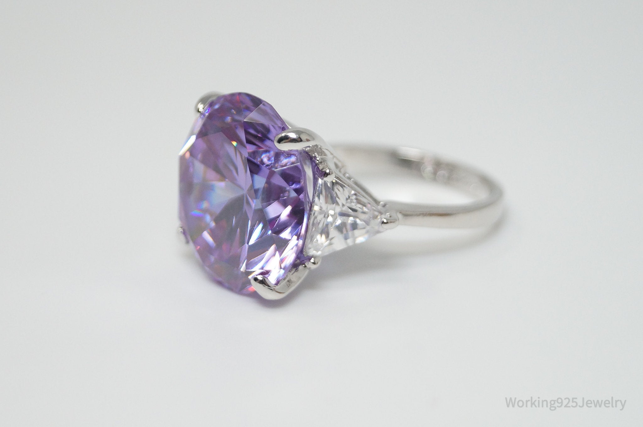 Vintage Purple & White Cubic Zirconia Sterling Silver Cocktail Ring - Sz 7.75