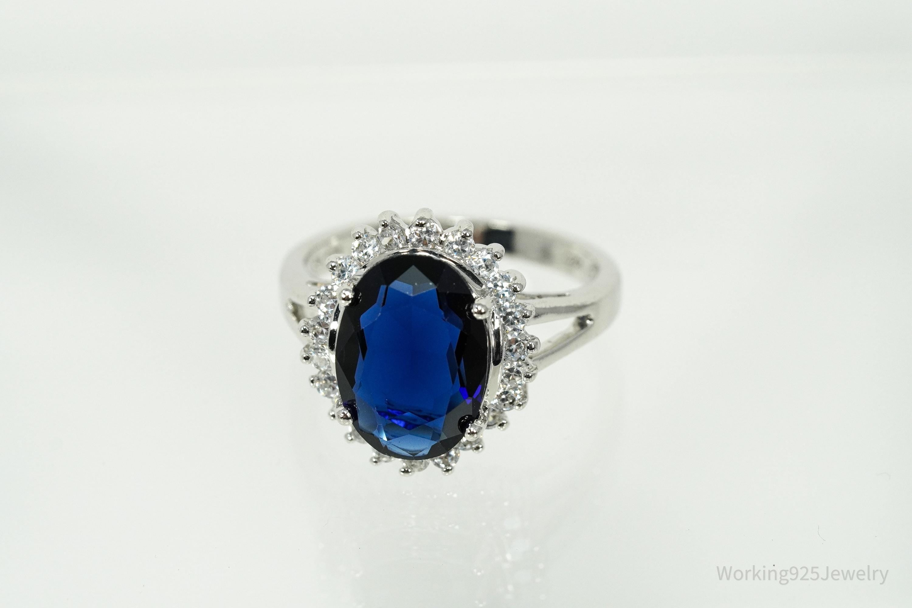 Vintage Avon RJ Simulated Blue Sapphire & Cubic Zirconia Sterling Silver Ring Size 10