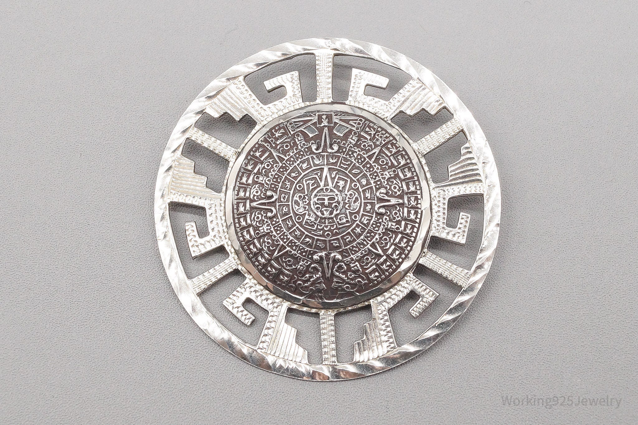 Vintage Large Mexico Mayan Calendar Sterling Silver Pin Brooch Pendant