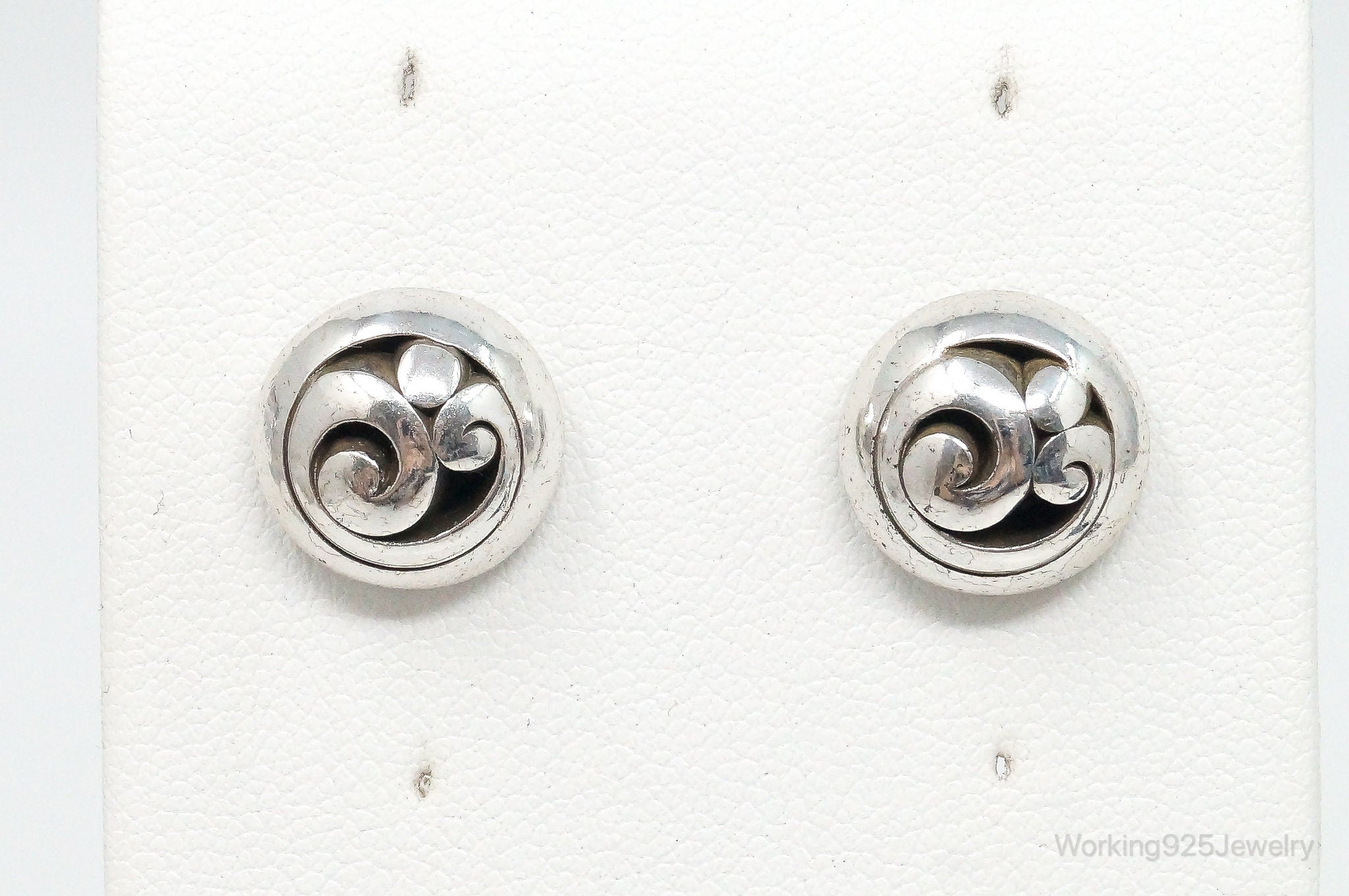 Vintage Scroll Swirl Shadow Sterling Silver Stud Earrings