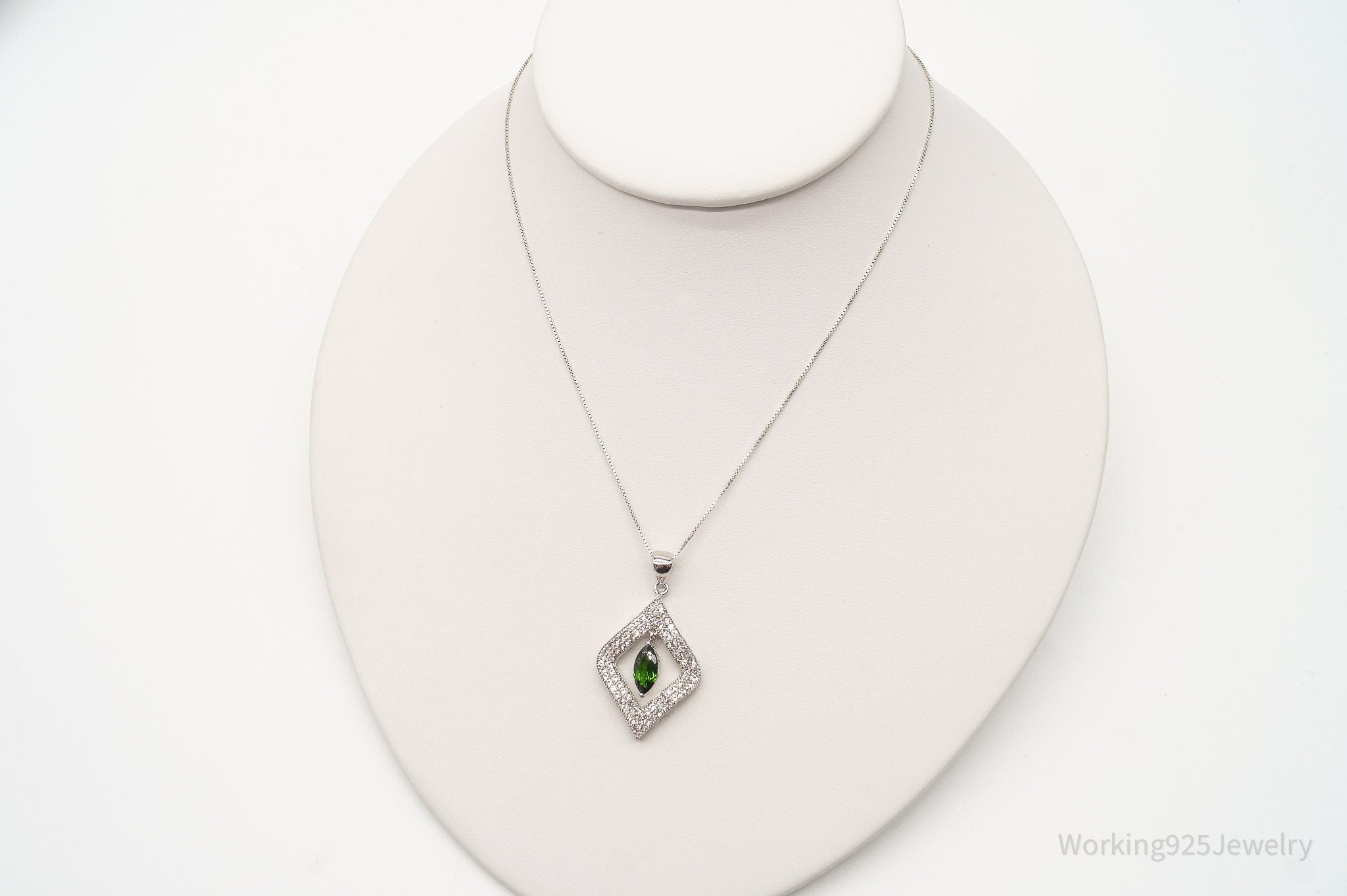 Vintage Lab Emerald Cubic Zirconia Sterling Silver Necklace