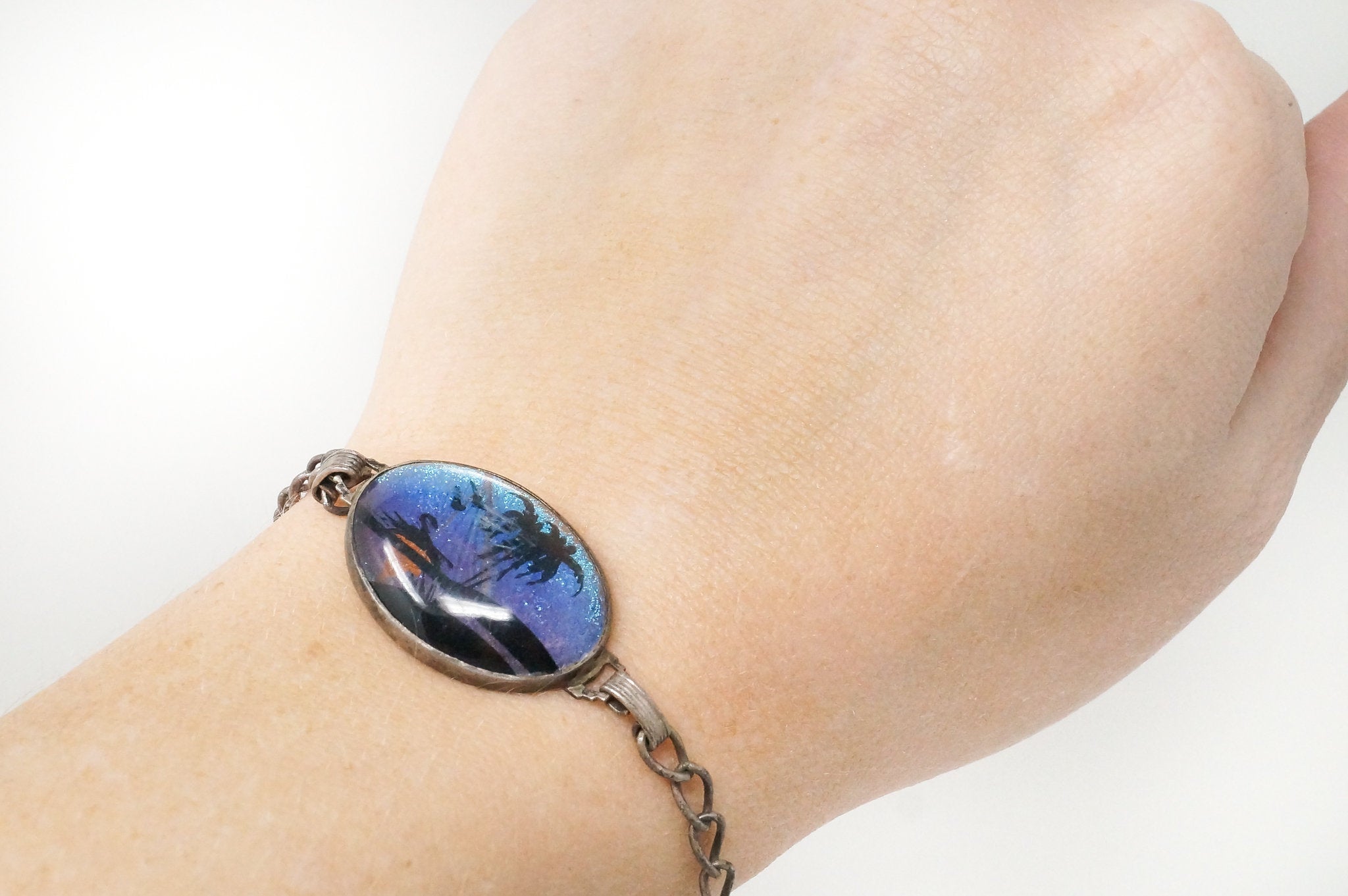 Antique Designer Hoffman Butterfly Wing Beach Scene Sterling Silver Bracelet