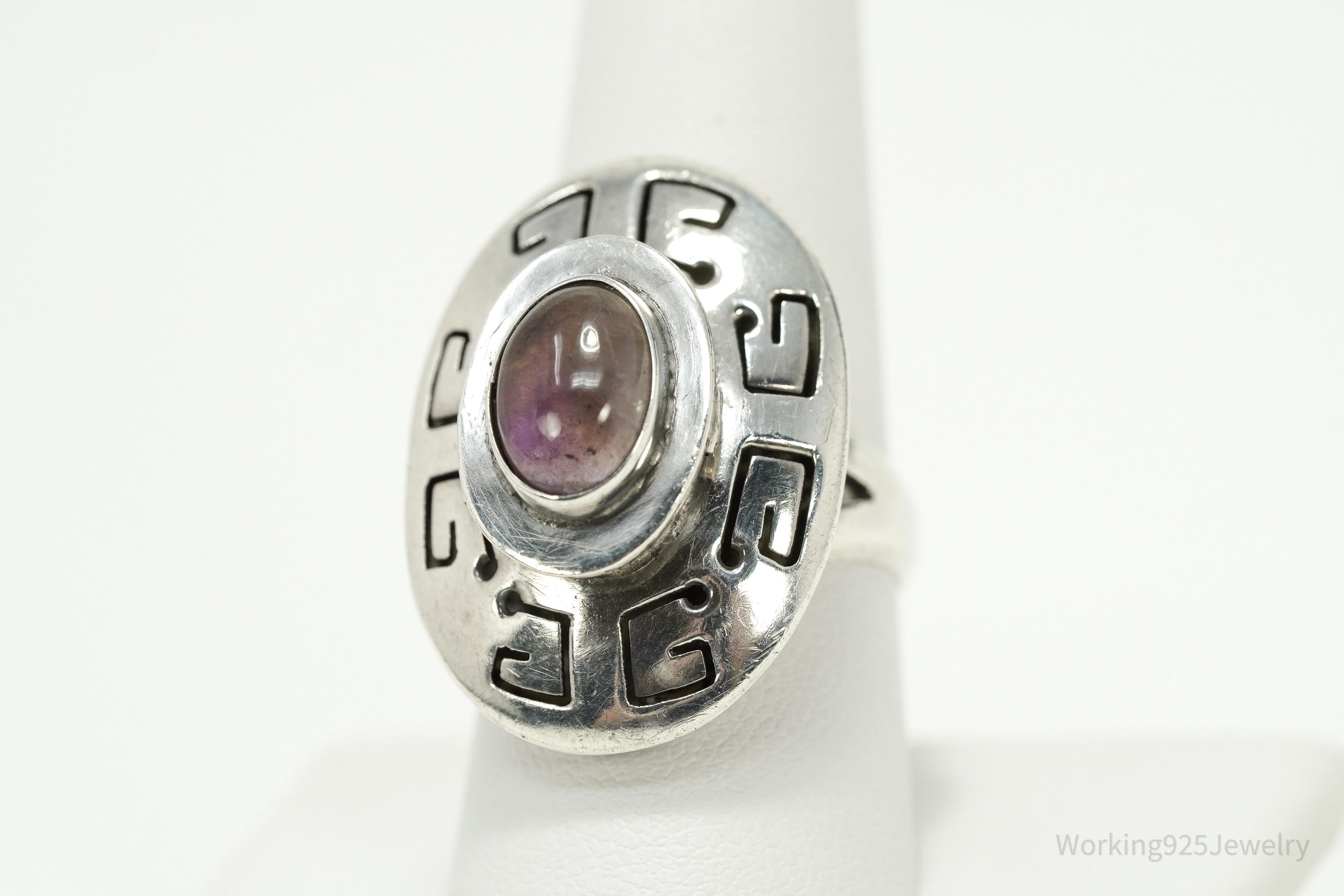 Vintage Mexico Amethyst Poison Ring Modernist Sterling Silver Size 8.75