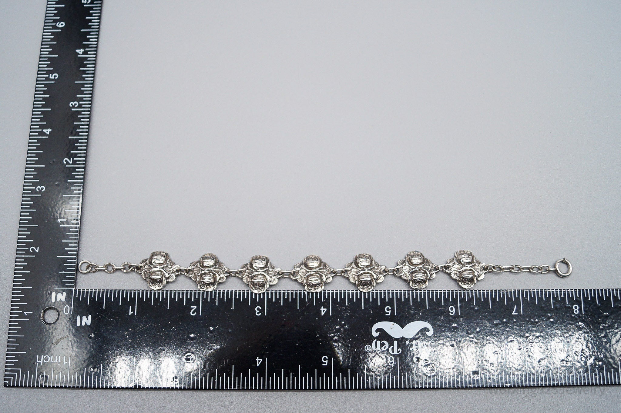 Antique Rosary Roses Mary & Saints Sterling Silver Bracelet - 7 7/8"