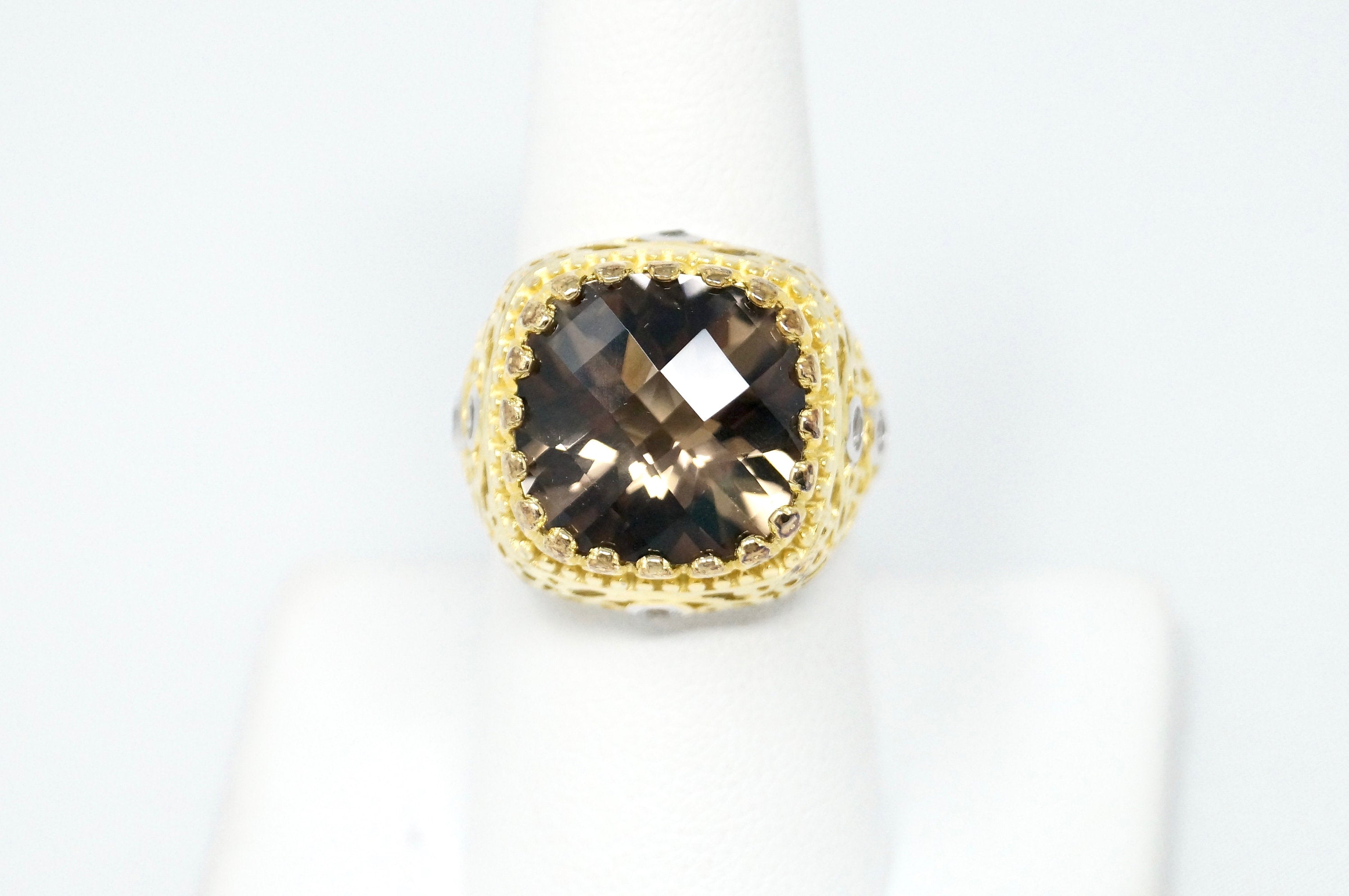 Vtg Designer HT Smoky Topaz White Sapphire Gold Vermeil Sterling Silver Ring Sz8