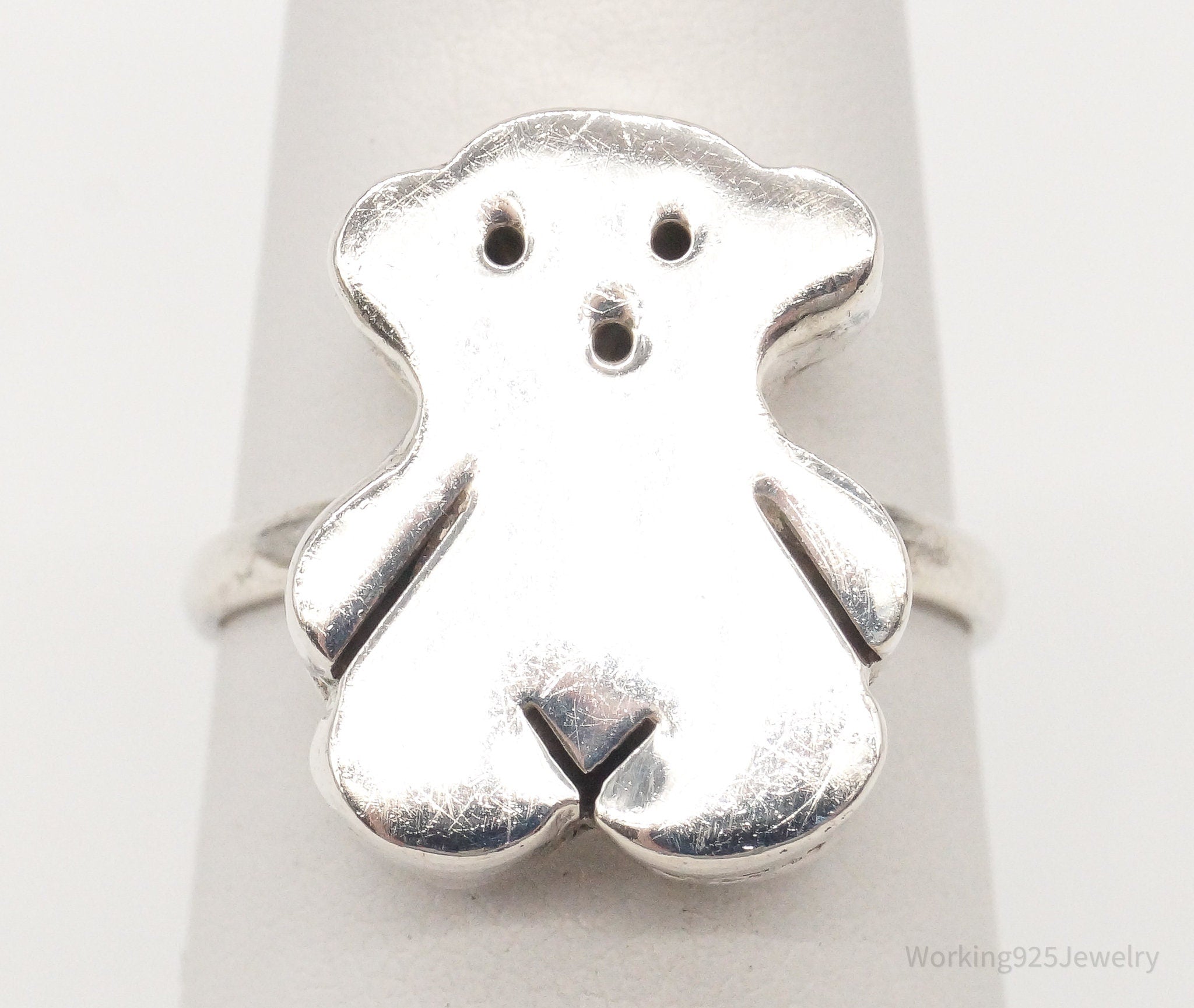 Vintage Modernist Teddy Bear Sterling Silver Ring - Size 6.25