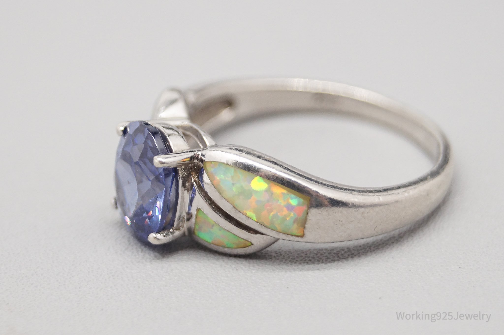 Vintage Iolite & Opal Inlay Sterling Silver Ring - Size 9.25