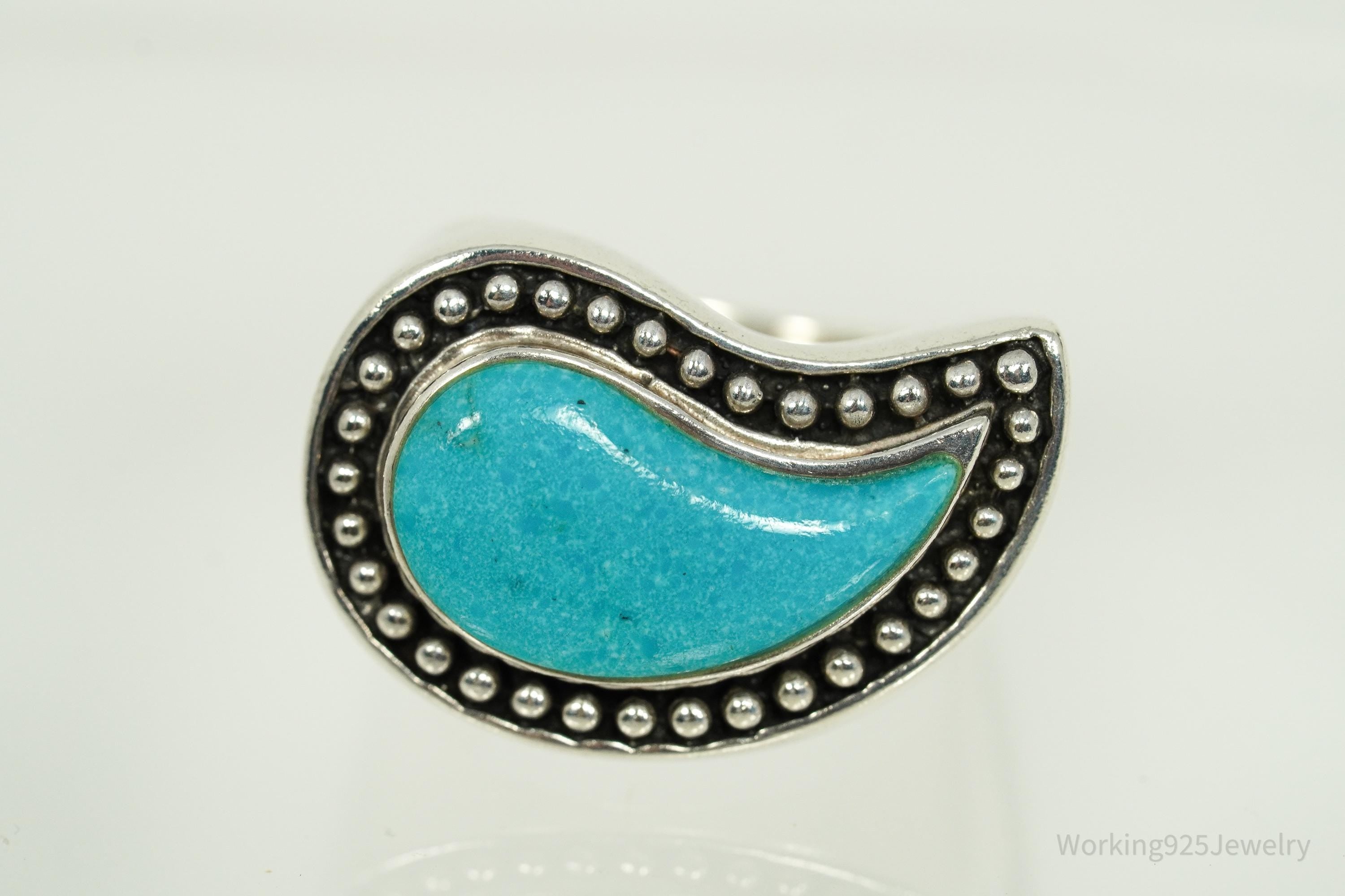 Vintage Designer SX Turquoise Paisley Sterling Silver Ring - Size 6.25