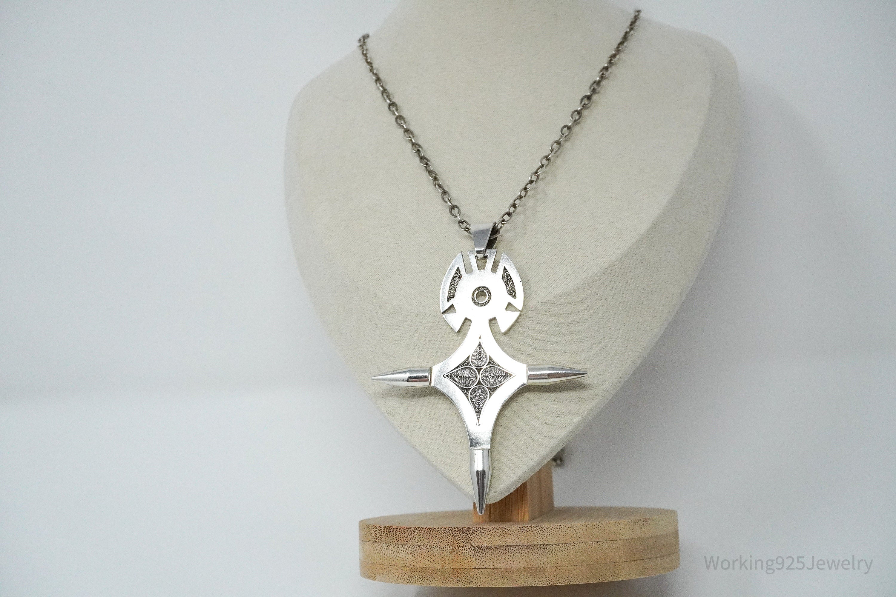 Vintage Large African Cross Silver Necklace 24"