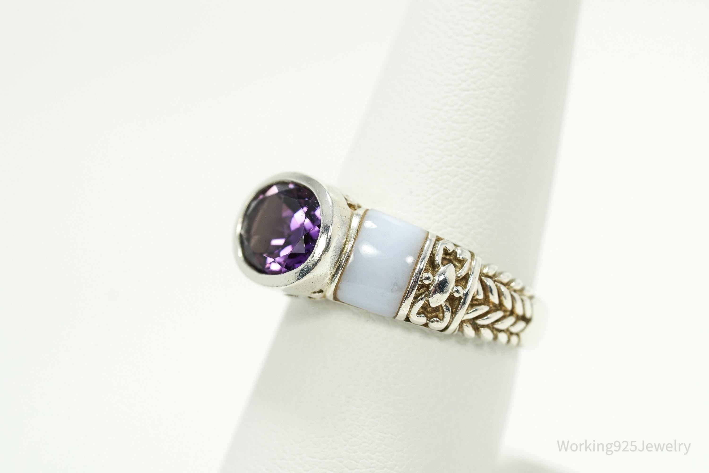 Vintage Amethyst & Blue Chalcedony Sterling Silver Ring - Size 8.25