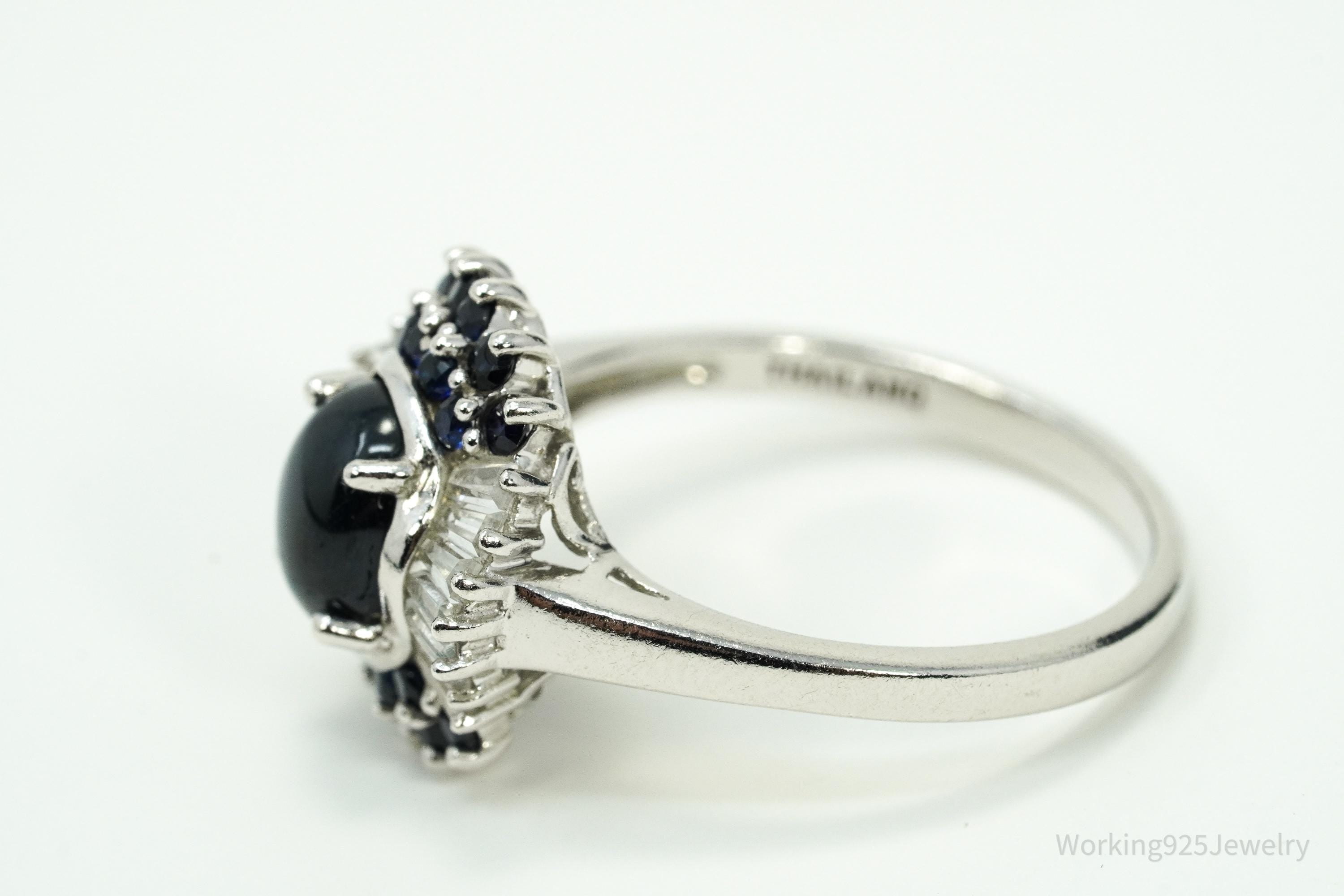 Blue Star Sapphire & White Zircon Sterling Silver Ring - Size 10.75