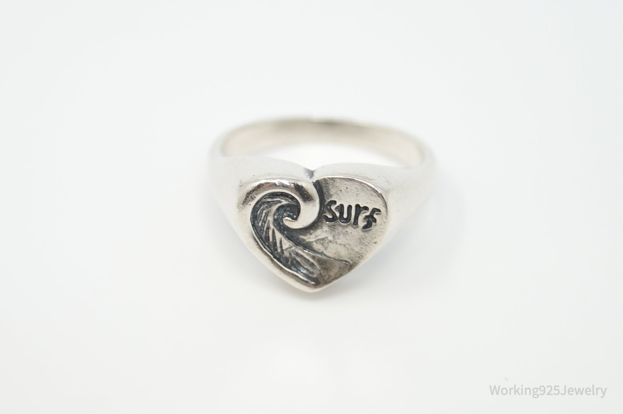 Vintage Surfs Up Wave Lover Sterling Silver Heart Ring - Sz 8.5