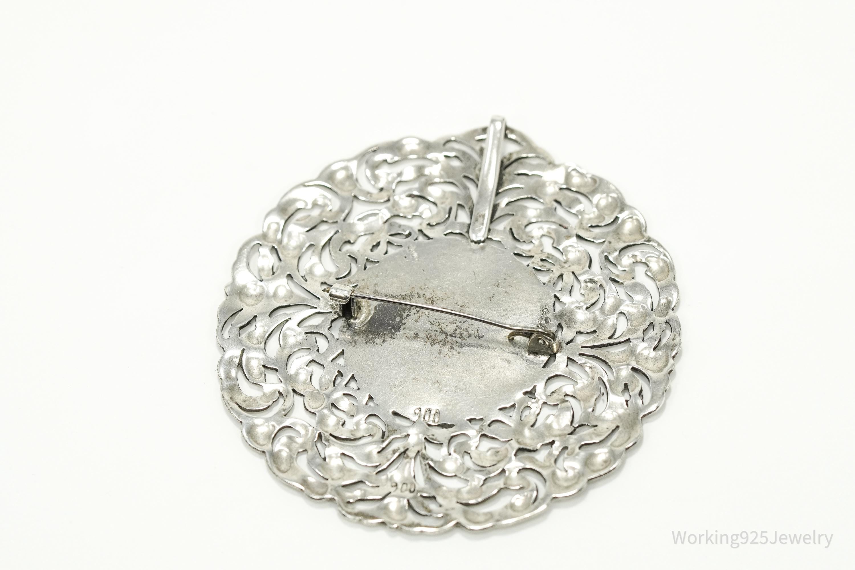 Large Ornate Antique "Patty" 900 Silver Brooch Pin Pendant