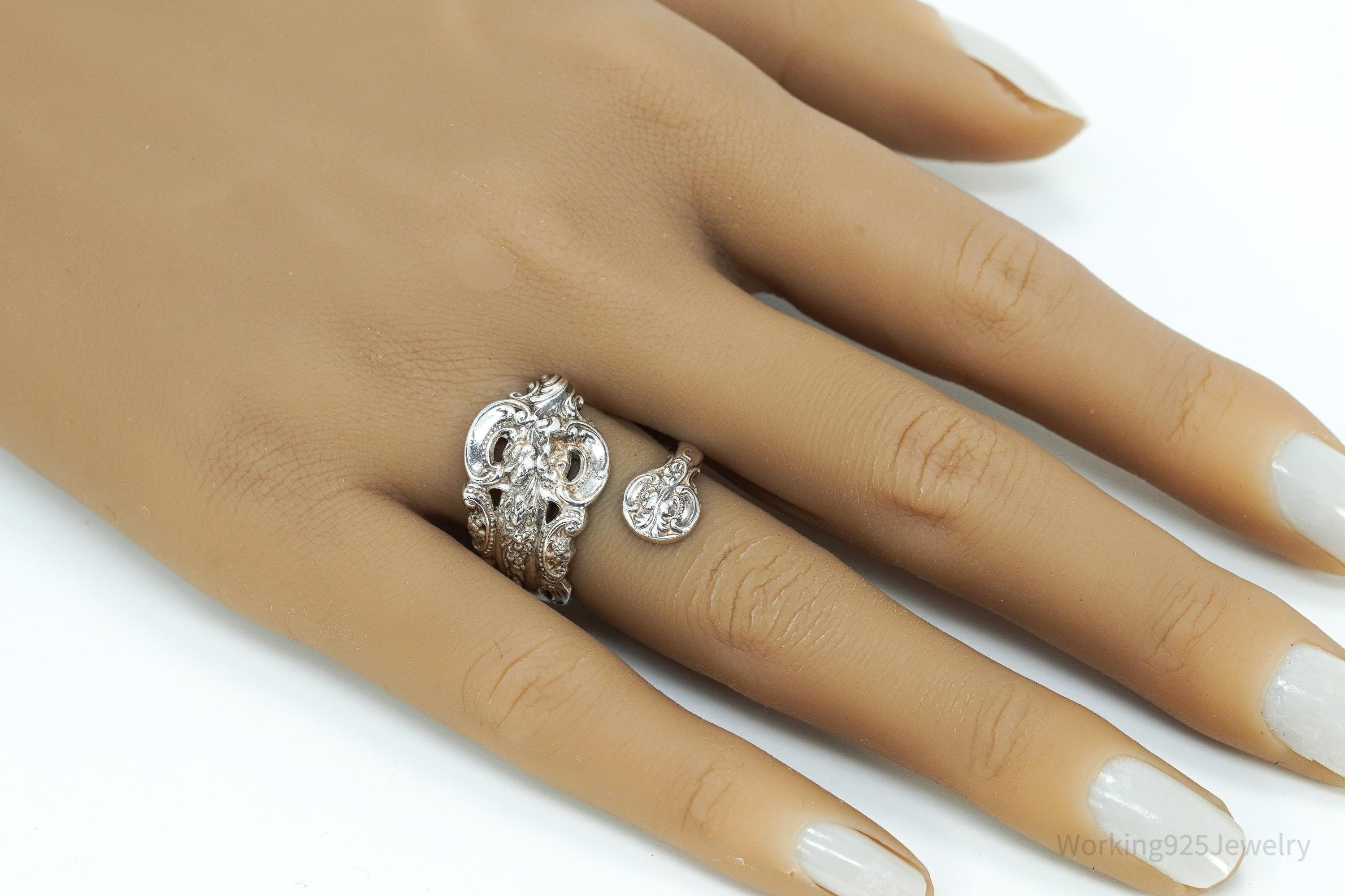 Antique WALLACE Art Nouveau Floral Sterling Silver Spoon Ring - Size 7