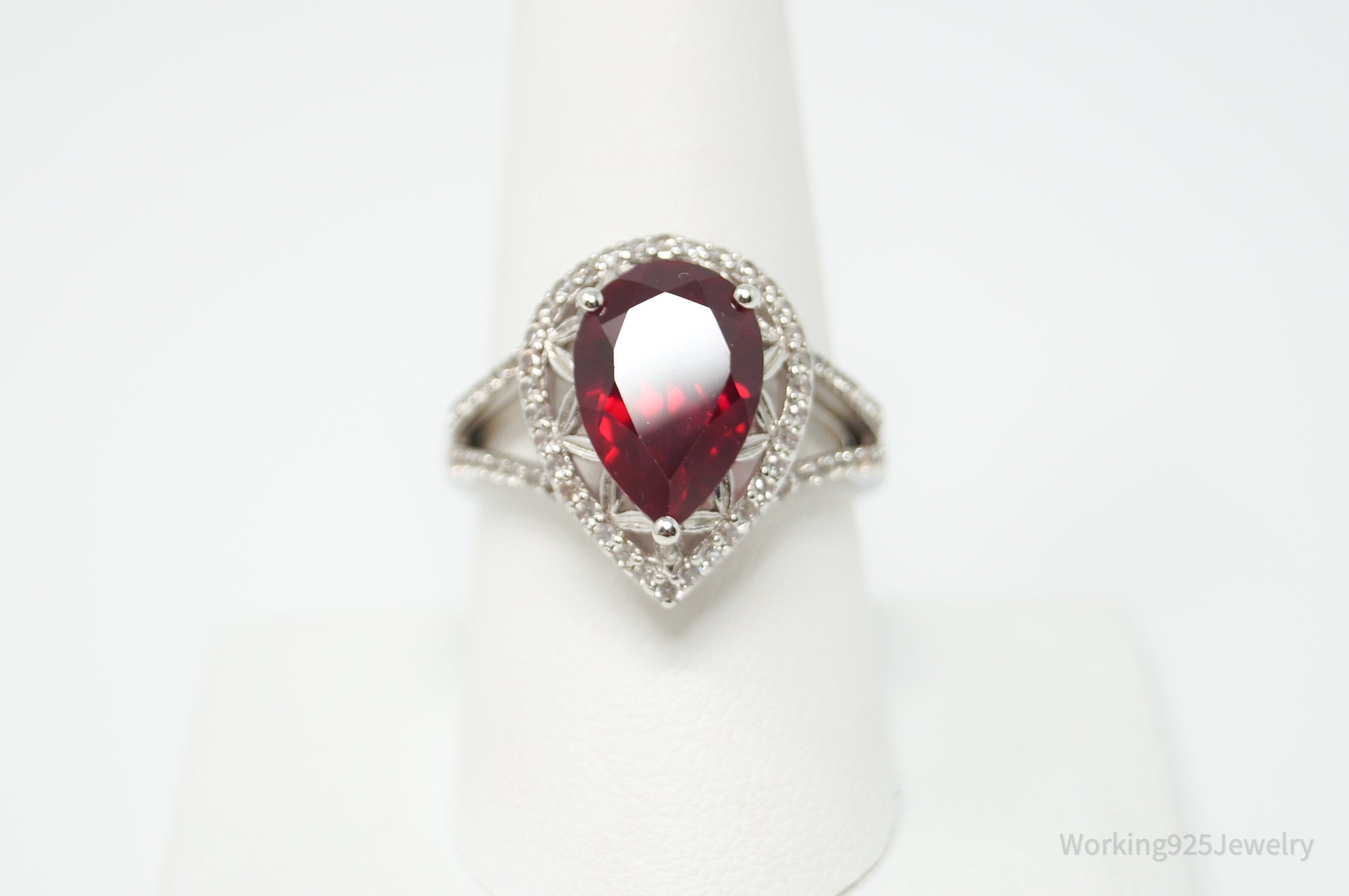 Vtg Designer DK Mid Century Style Lab Ruby CZ Ring Sterling Silver - Size 9