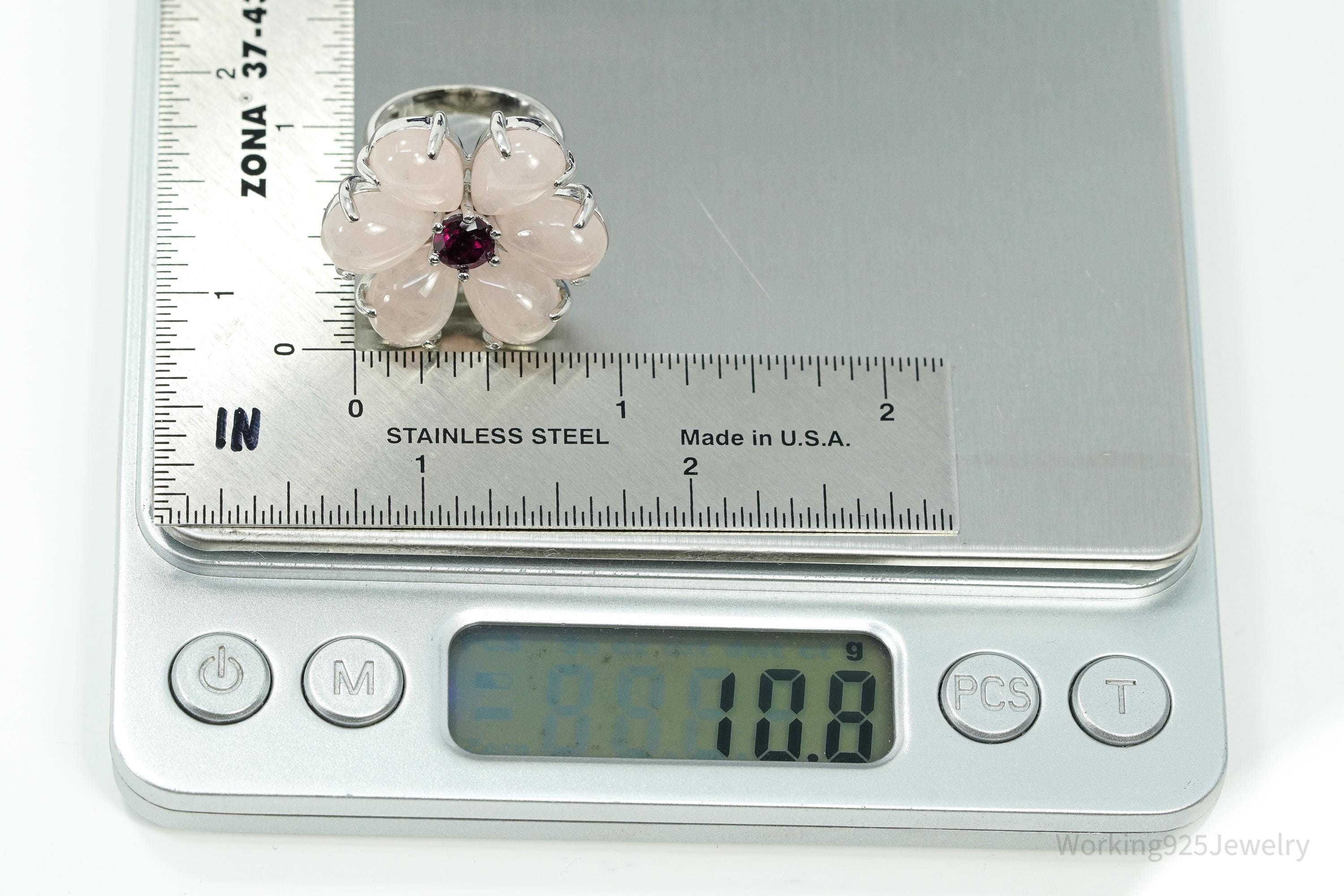 Rose Quartz & Rhodolite Garnet Sterling Silver Flower Ring - Size 7