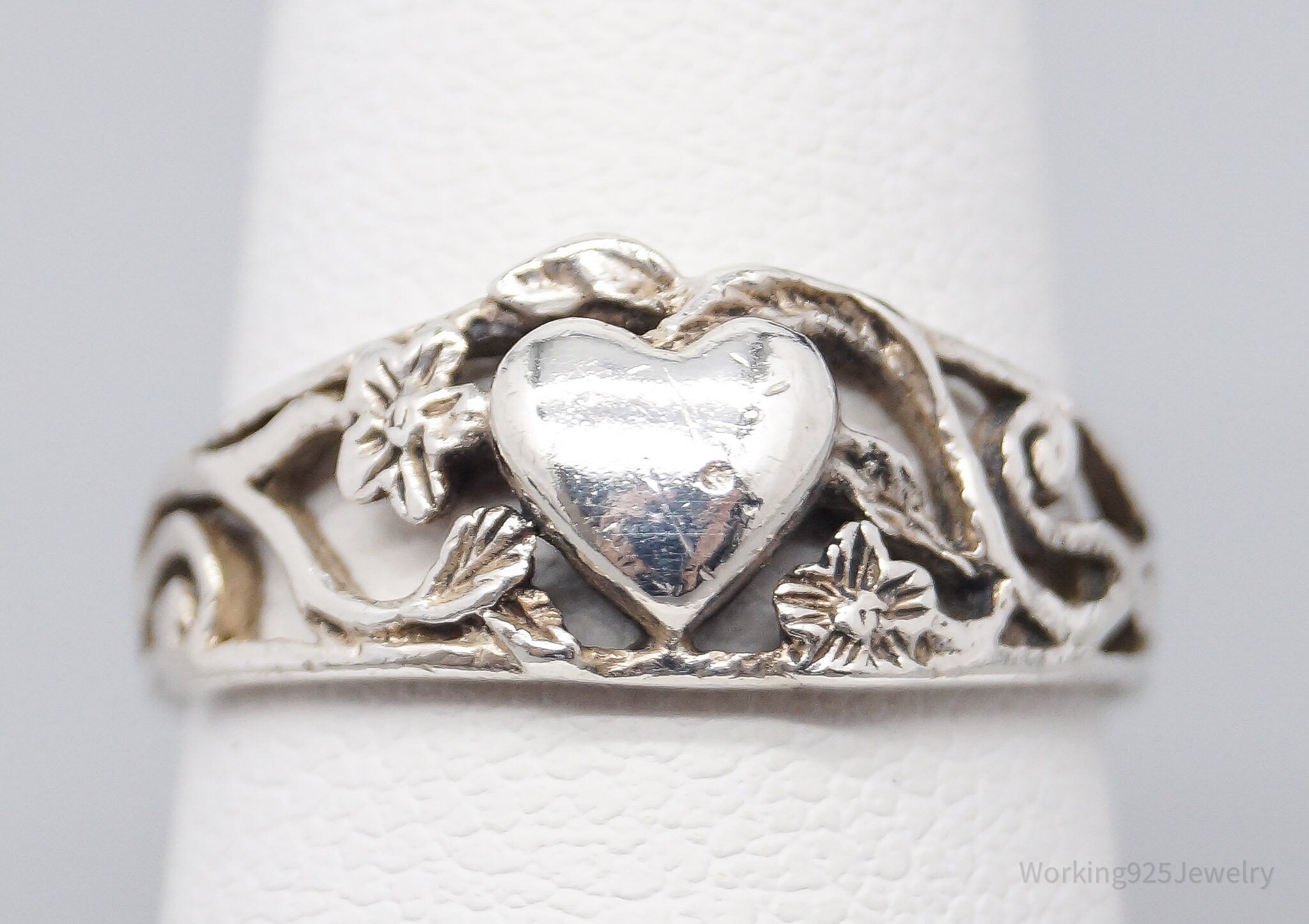 Vintage Heart & Flower Vines Sterling Silver Ring - Size 6