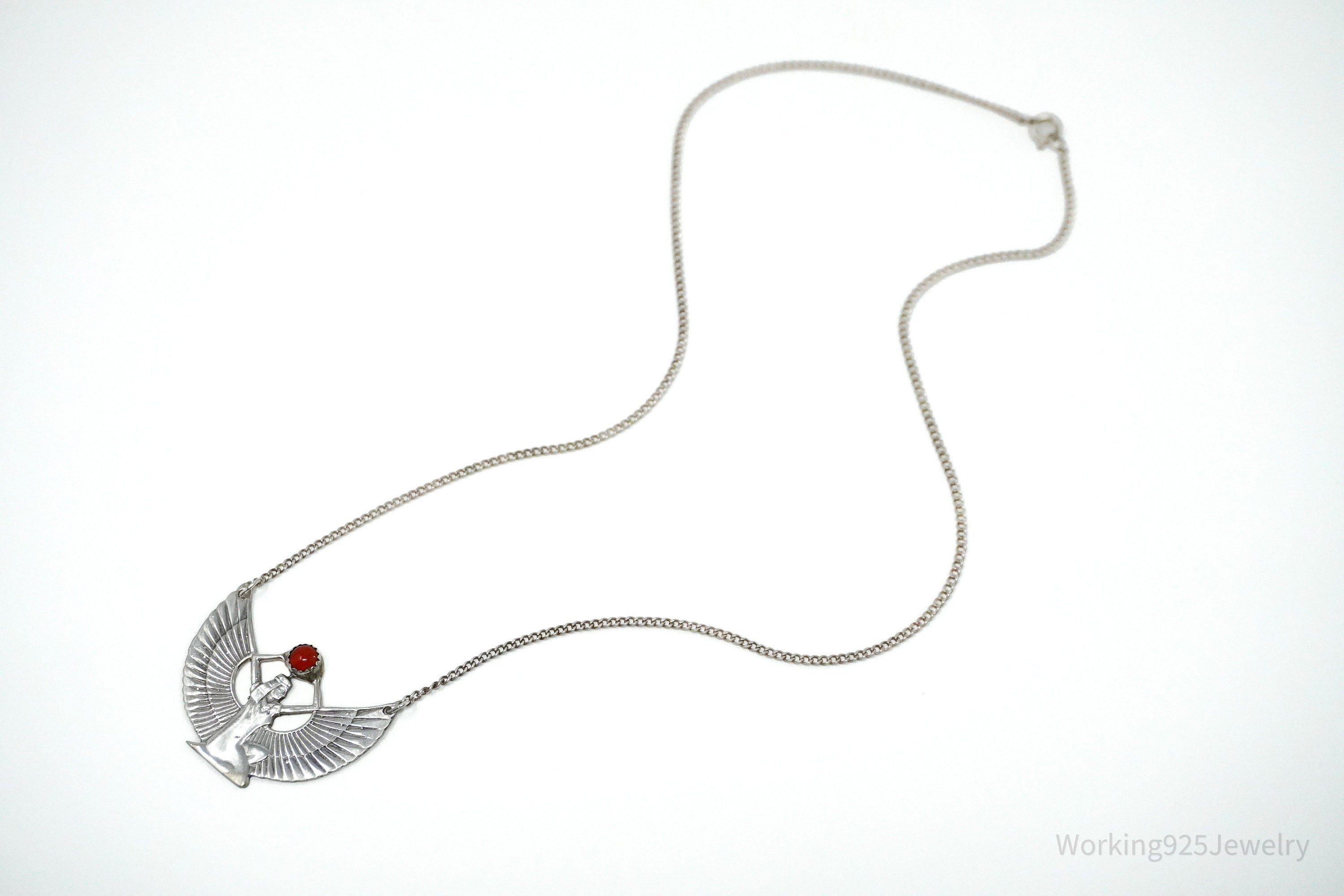 Vintage Egyptian Winged Goddess Isis Red Stone Sterling Silver Necklace 16"