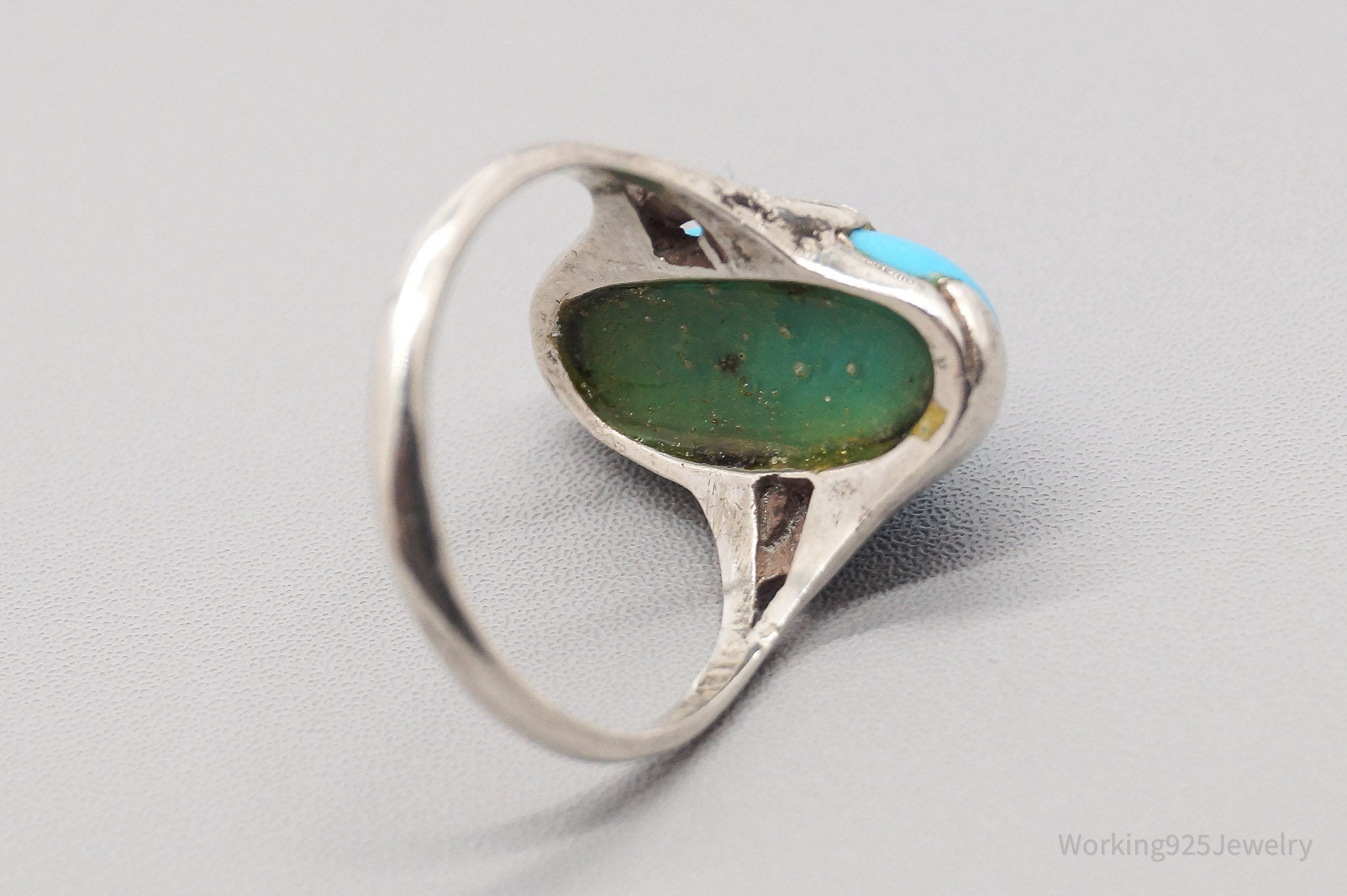 Vintage Native American Turquoise & Flowers Sterling Silver Ring - Size 8.75