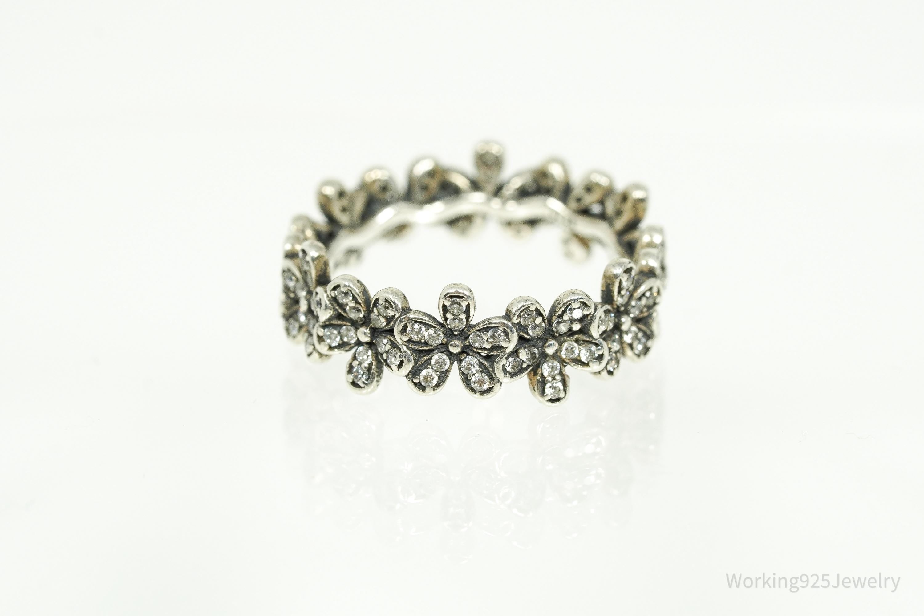 Cubic Zirconia Daisies Sterling Silver Ring - Size 6.25