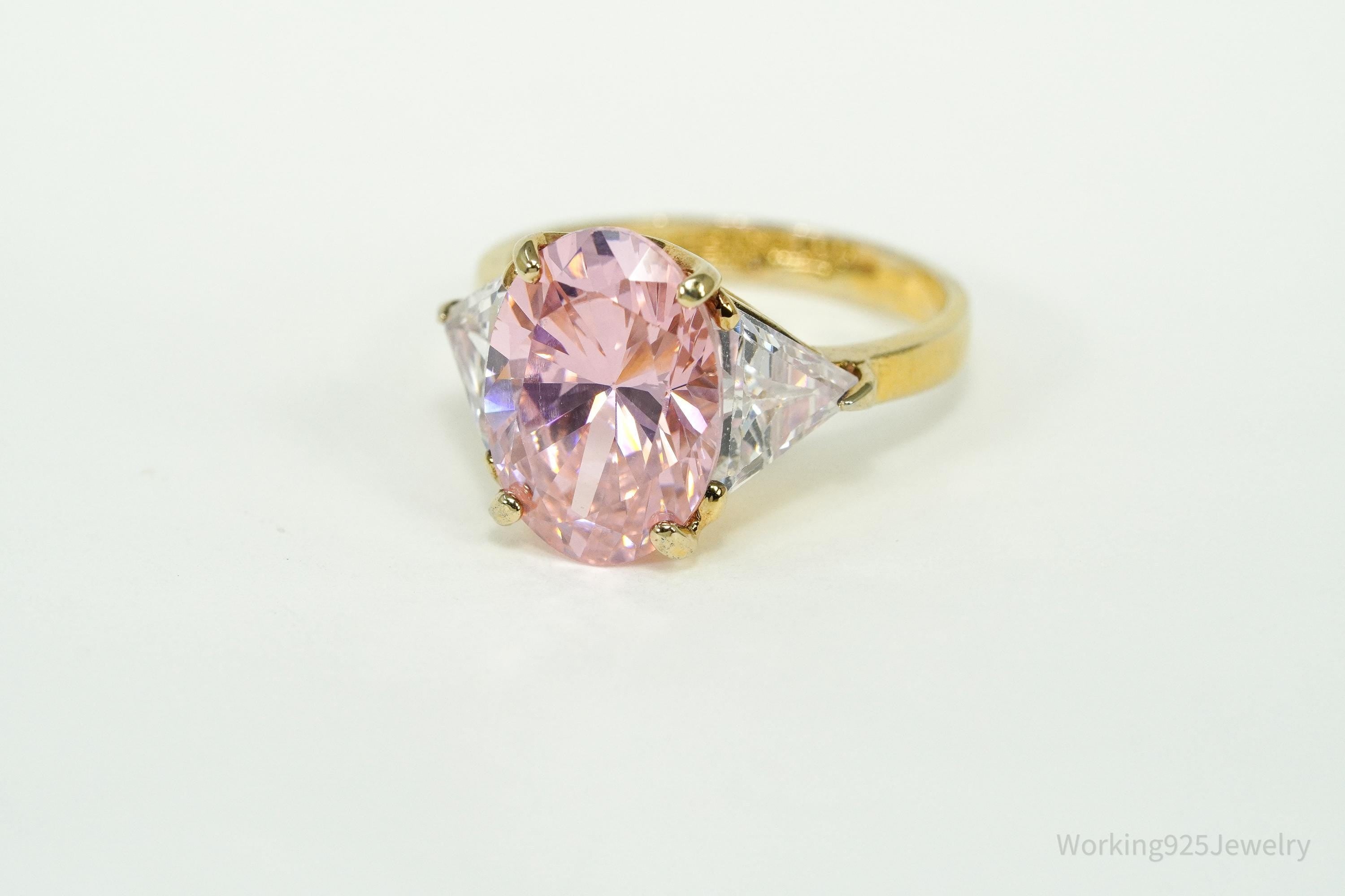 Vintage EDCO Pink & White Cubic Zirconia Gold Vermeil Sterling Silver Ring Size 8