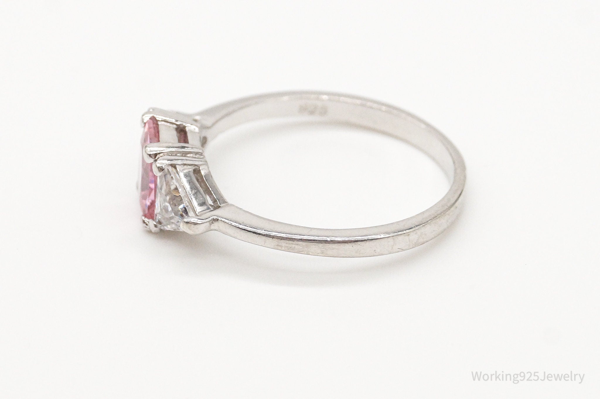 Vintage Pink & White Cubic Zirconia Sterling Silver Ring - Size 9